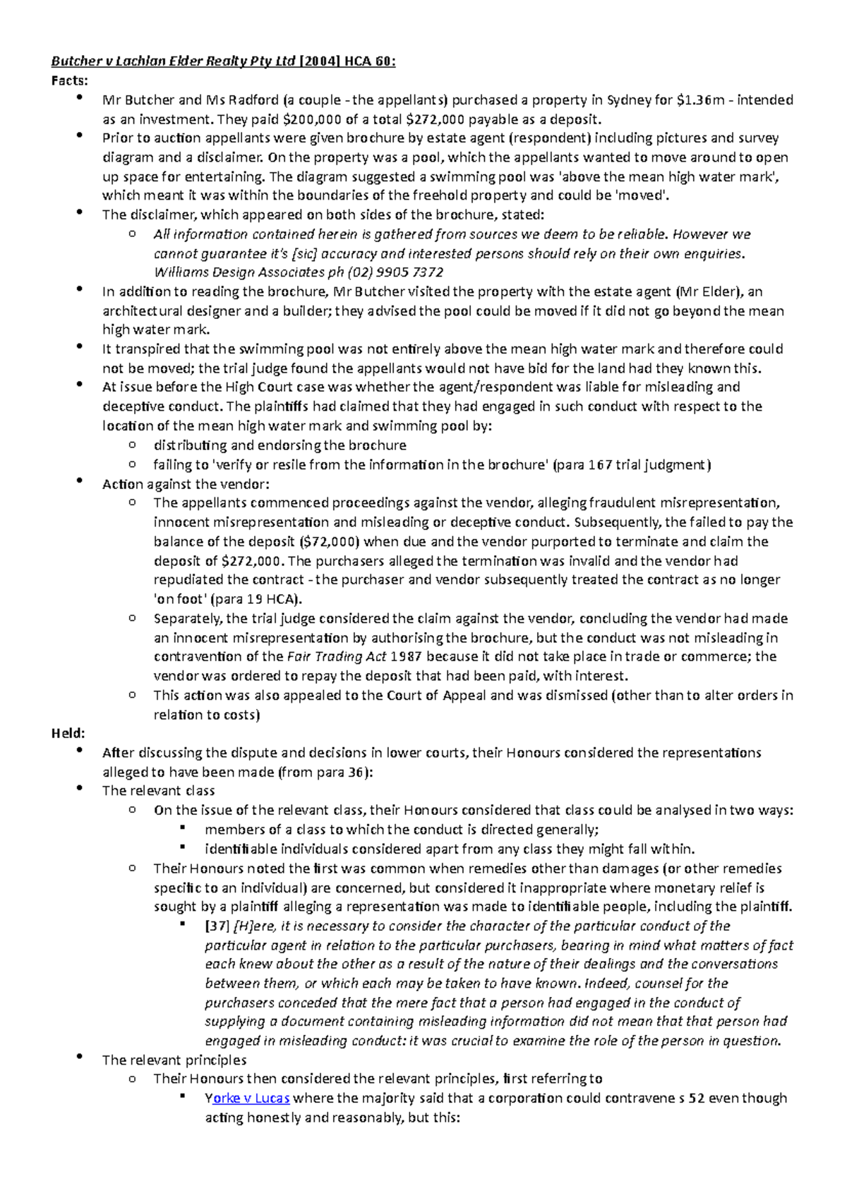 Misleading and Deceptive Conduct Pt 2 Butcher v Lachlan Elder Realty