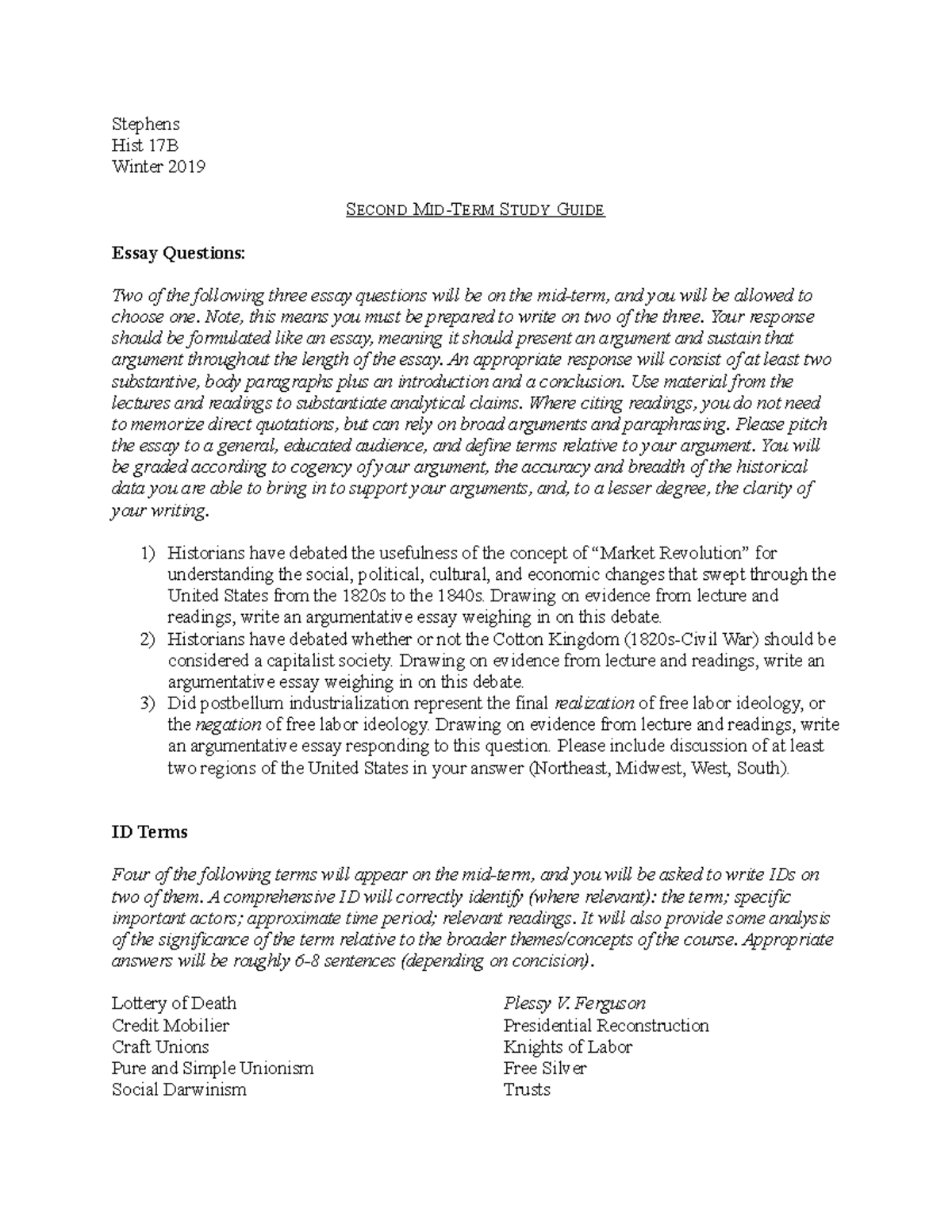 Second mid-term study guide - Stephens Hist 17B Winter 2019 S ECOND MID ...