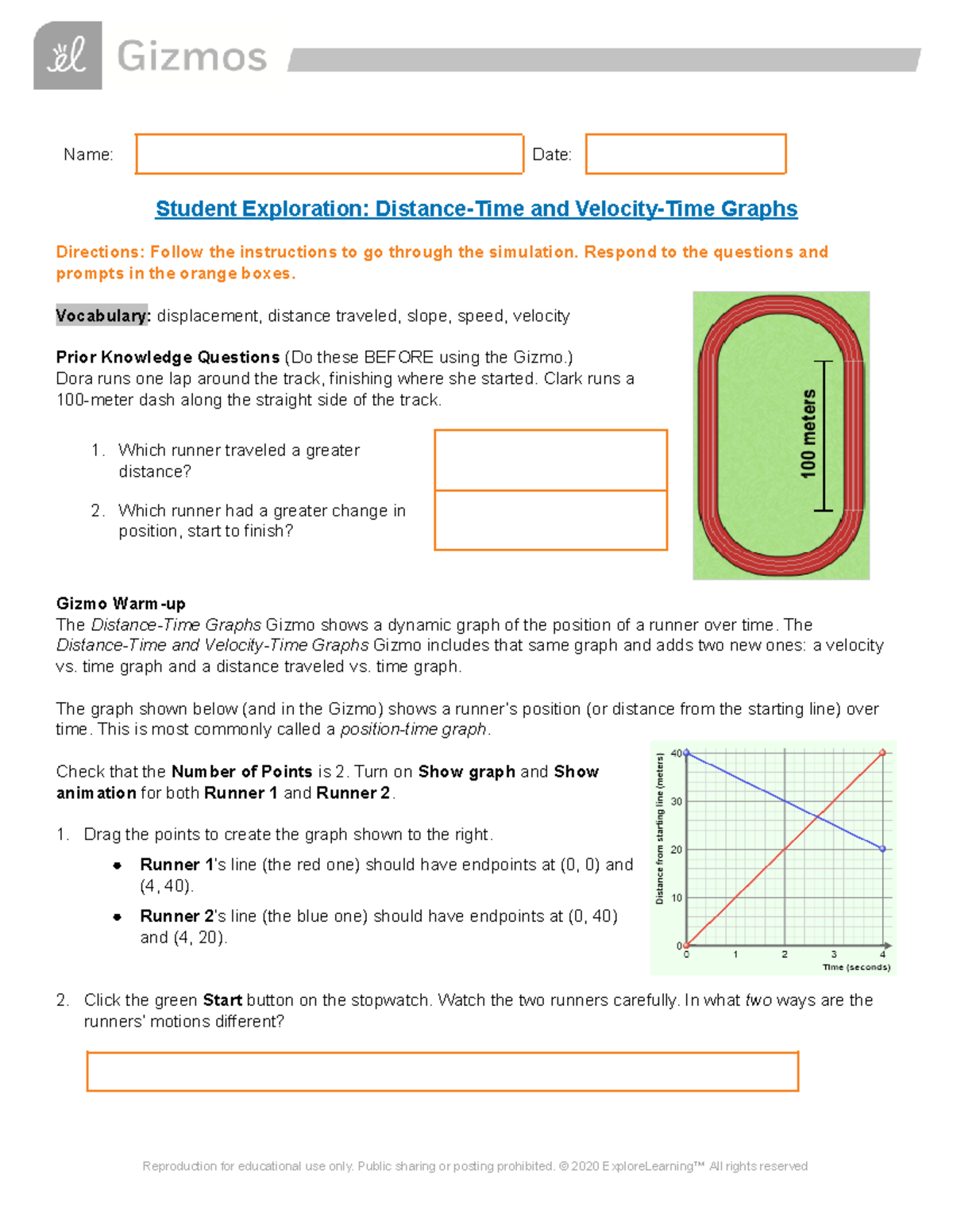 Gizmo Worksheet - Name: Date: Student Exploration: Distance-Time And ...