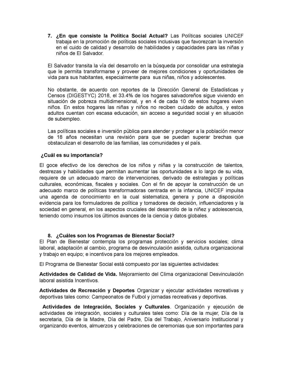 Pregunta 7-8 - 7. ¿En que consiste la Política Social Actual? Las Políticas  sociales UNICEF trabaja - Studocu