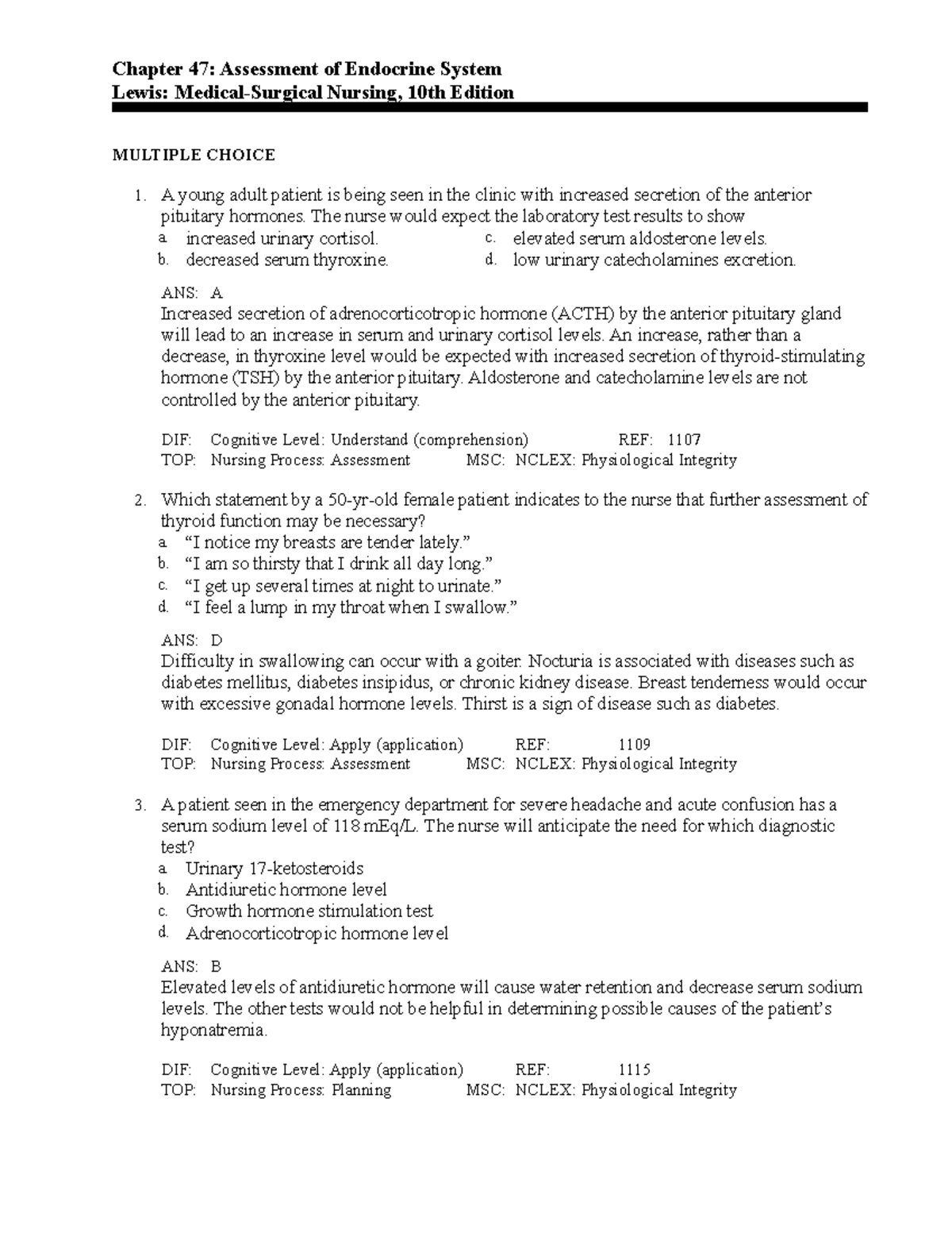 C47 ch 47 test bank Chapter 47 Assessment of Endocrine System