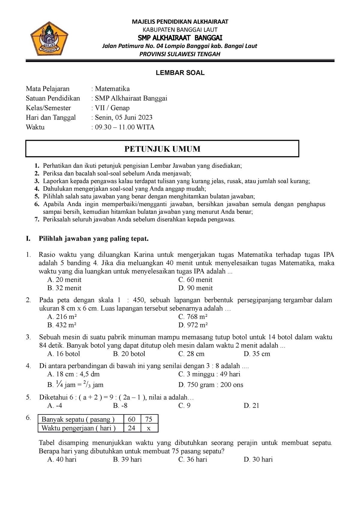 SOAL PAS Kelas 7 Matematika - Pendidikan Matematika - Studocu