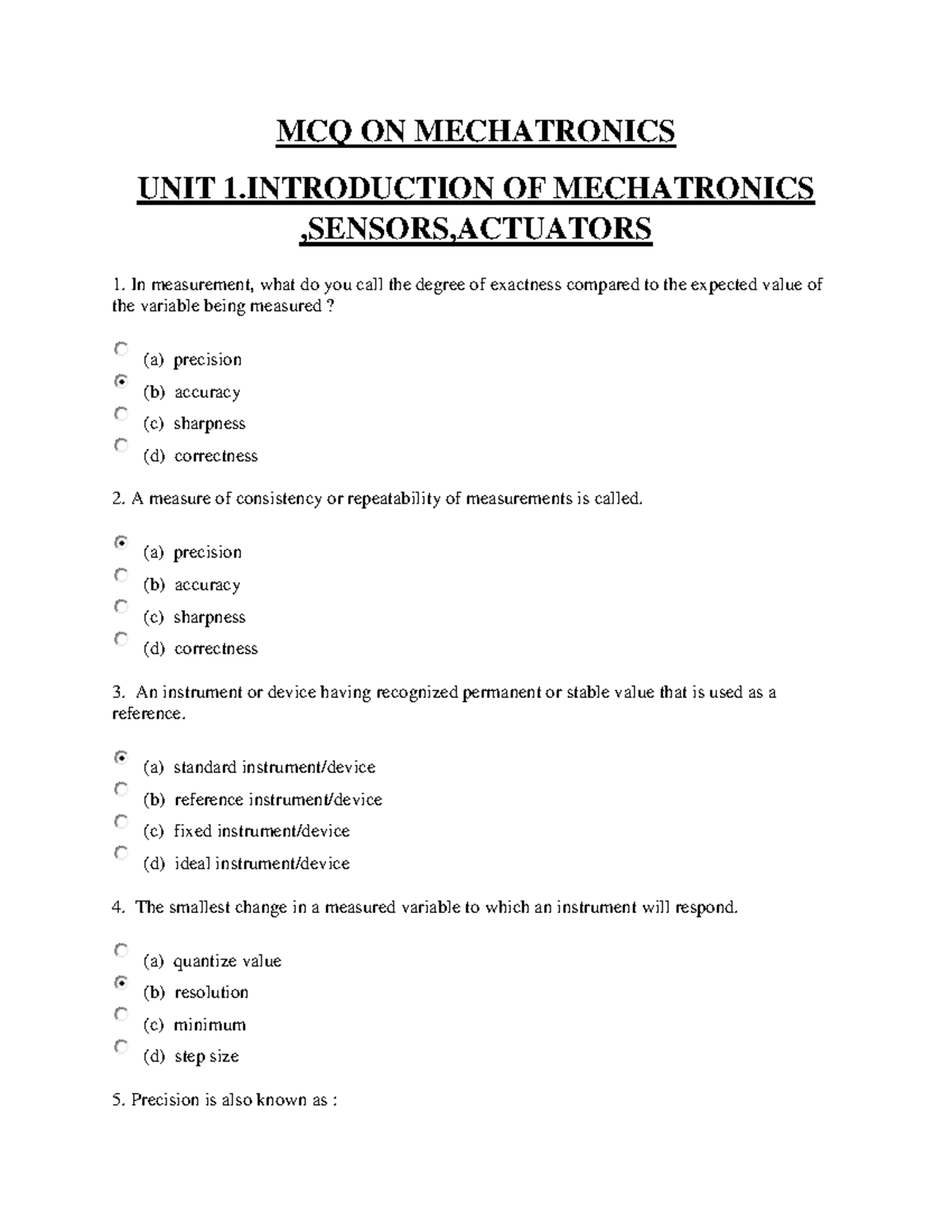 Mechatronics unit 123 MCQ ON MECHATRONICS UNIT 1 OF MECHATRONICS ,SENSORS,ACTUATORS In Studocu
