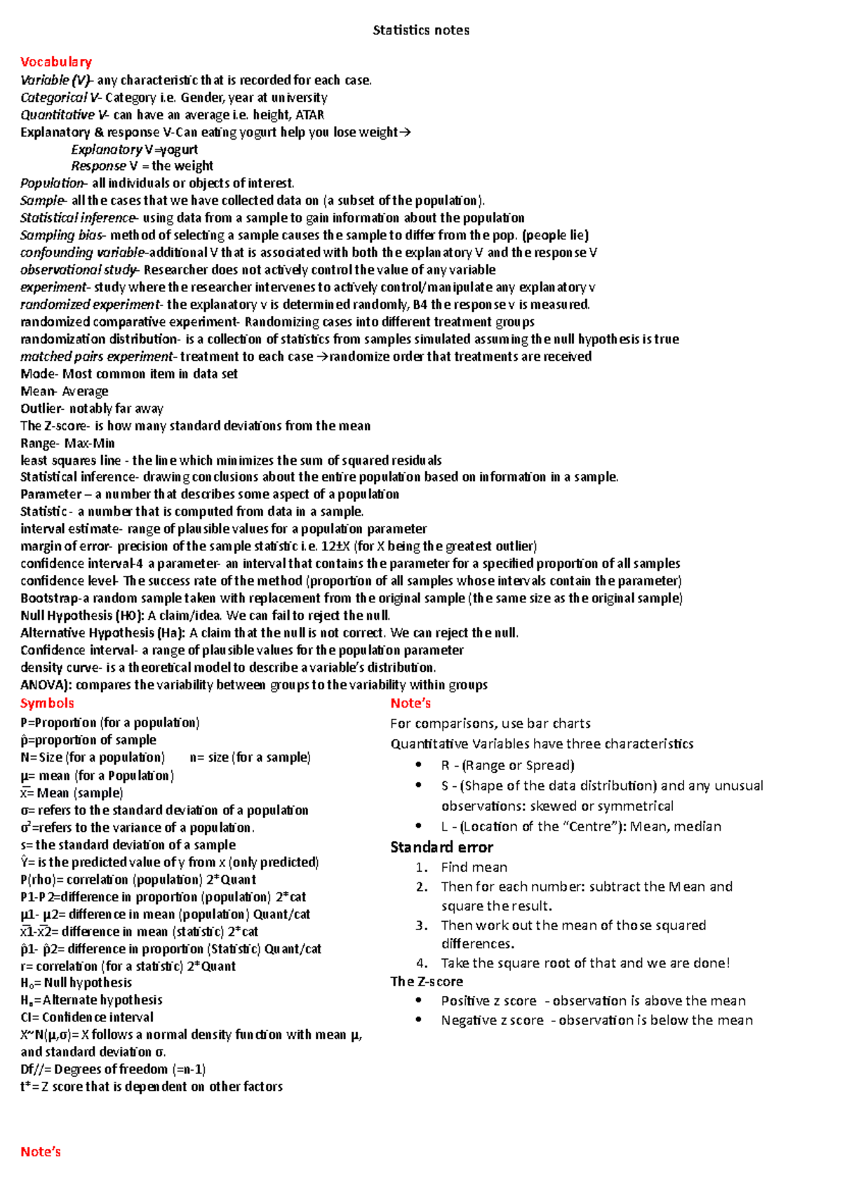 Statistics notes summary Statistics notes Vocabulary Variable (V