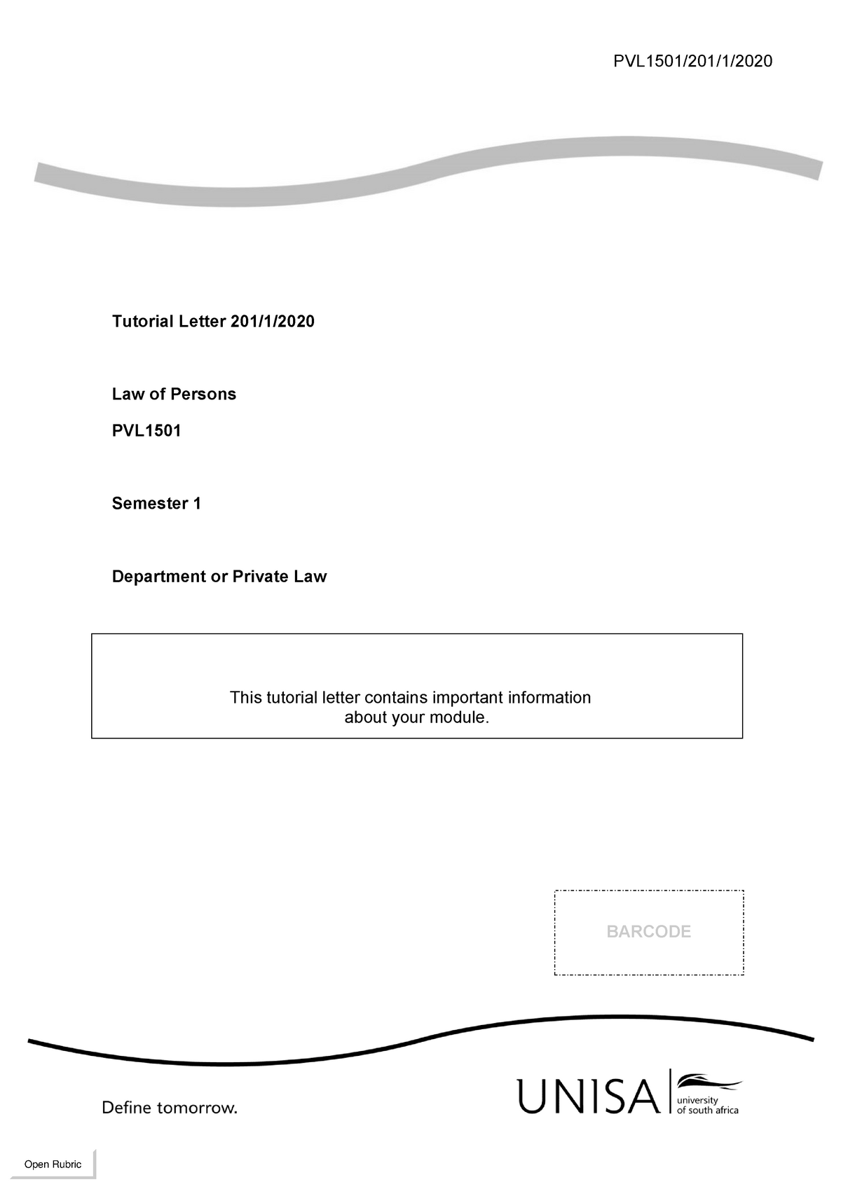 PVL1501 2020 TL 201 1 - PVL1501/201/1/ Tutorial Letter 201/1/ 20 20 Law ...