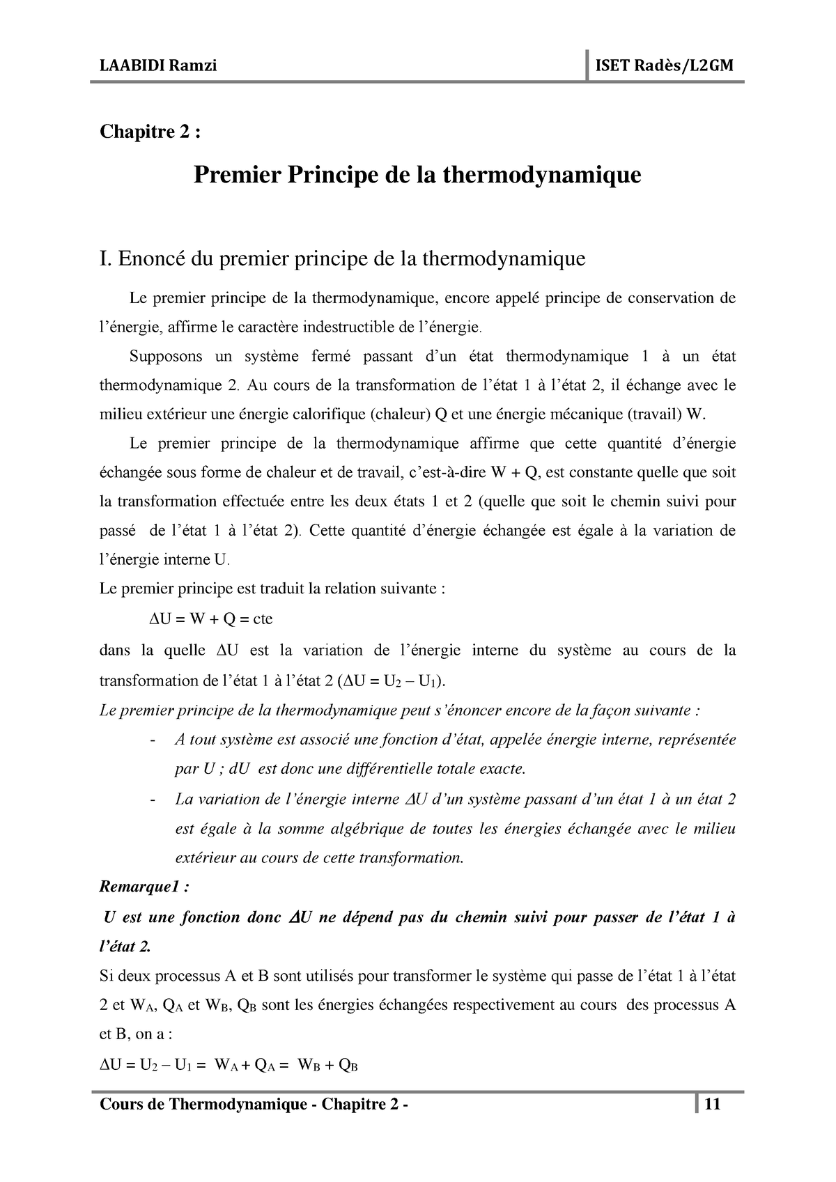 Premier Principe De La Thermodynamique - Enoncé Du Premier Principe De ...