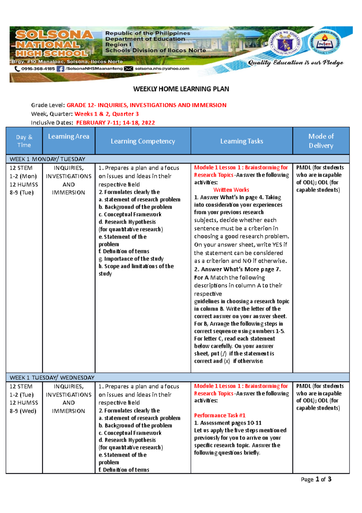 Q3 week 1 2 - students are properly guided in this plan. - WEEKLY HOME ...