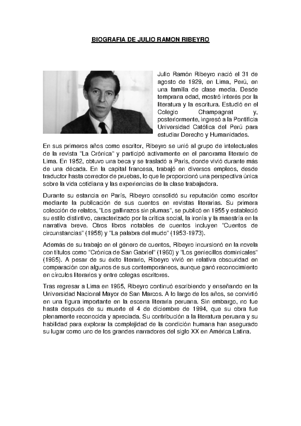 Biografia DE Julio Ramon Ribeyro - BIOGRAFIA DE JULIO RAMON RIBEYRO ...
