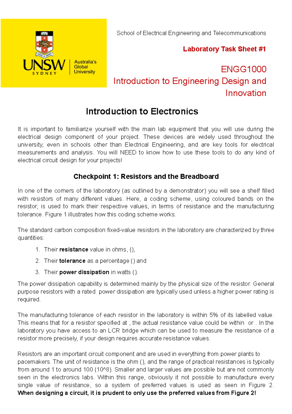 Lab 1 Tasksheet - Elec stream lab - School of Electrical Engineering ...