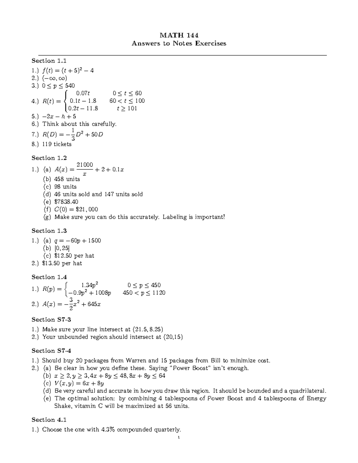 All Answers - MATH 144 Answers to Notes Exercises Section 1 1.) f (t ...