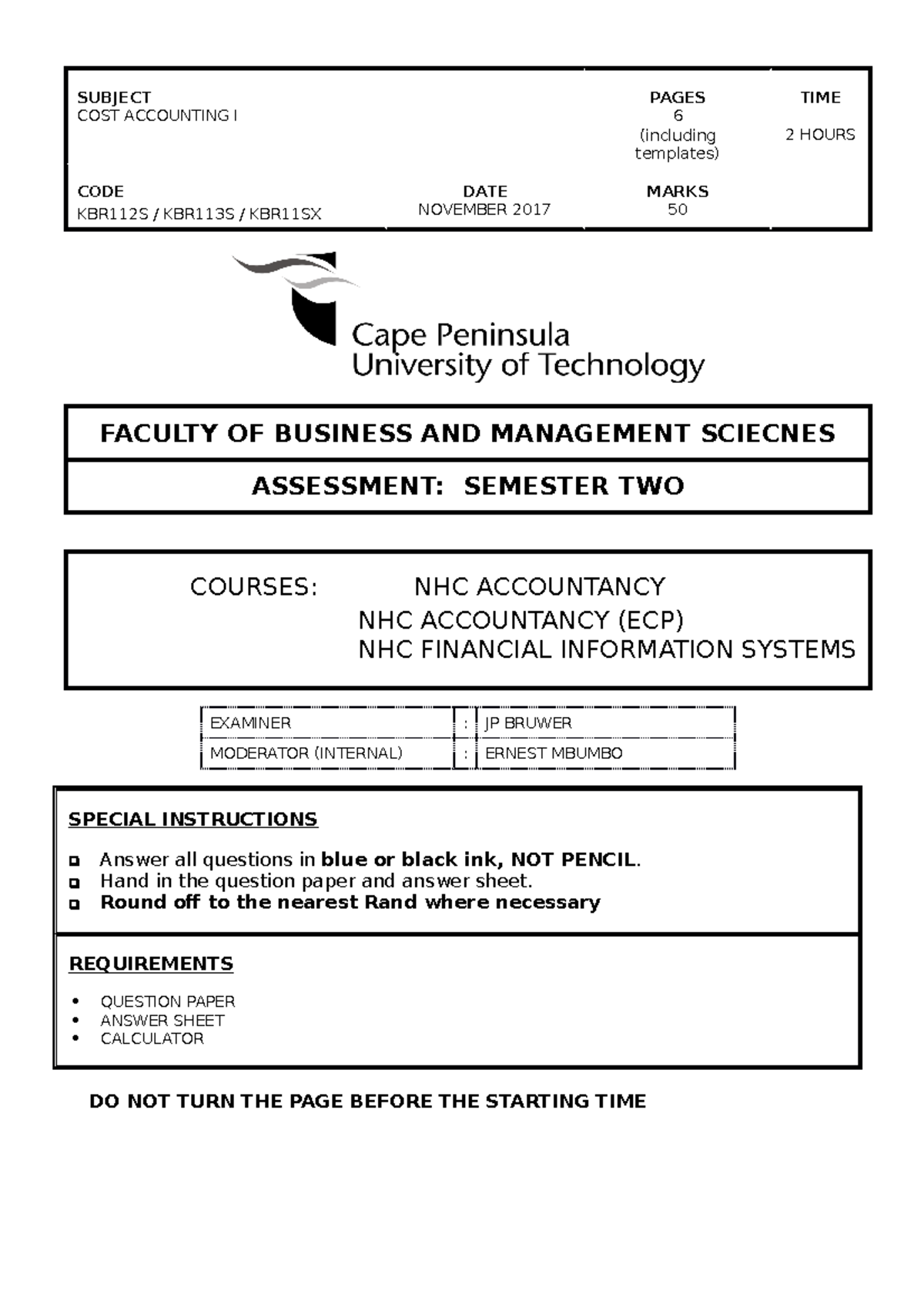 Exam November 2017, questions and answers - SUBJECT COST ACCOUNTING I ...