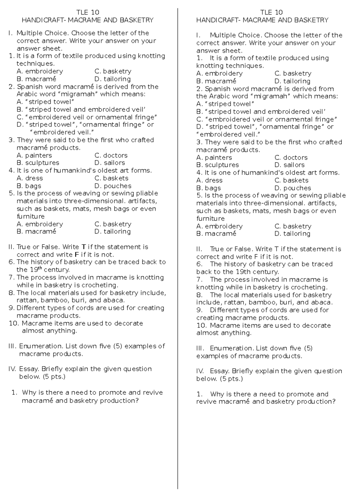 TLE 10 notes TLE 10 MACRAME AND BASKETRY TLE 10 MACRAME AND