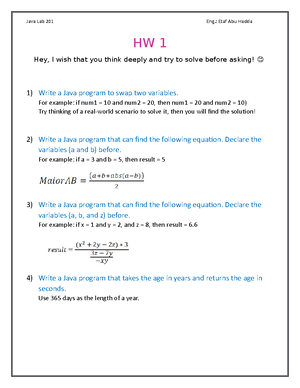 java practical 1 task 3 - Java Lab Eng.: Etaf Abu Hadda HW 3 Hey, I ...