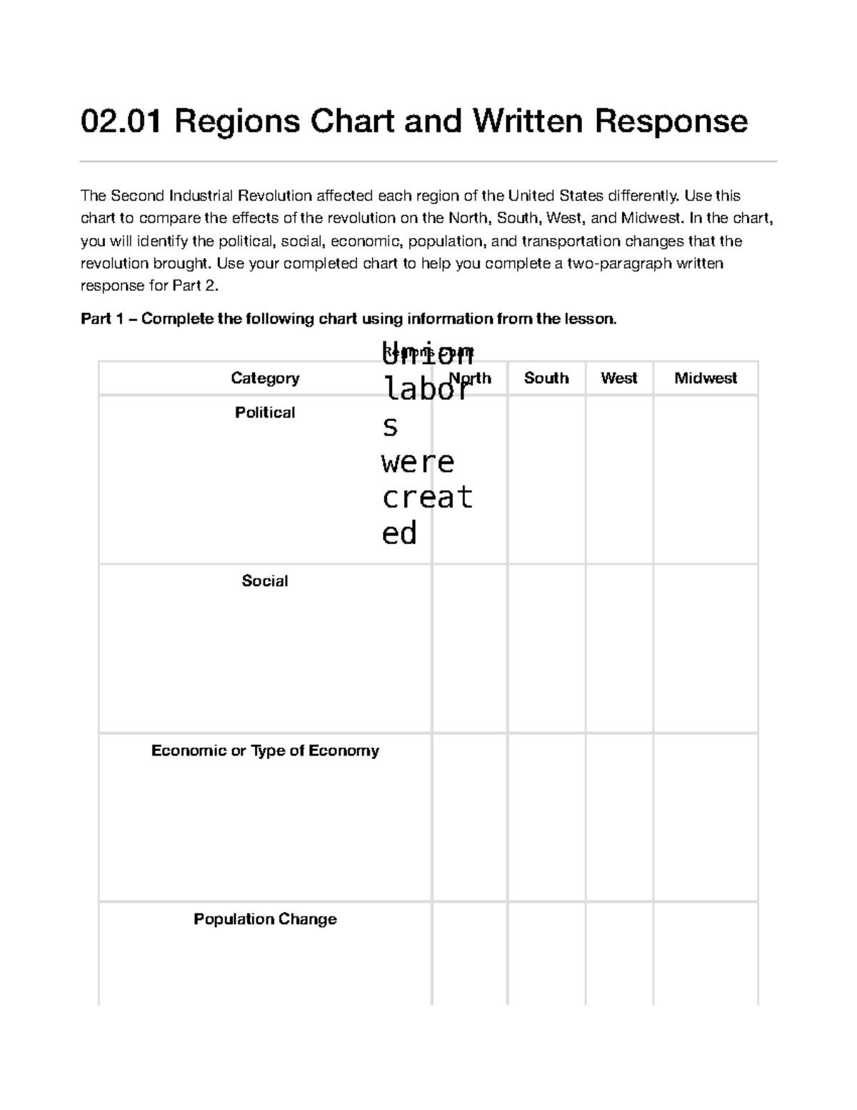 Comprehensive American History 02 Regions Chart and Written Response