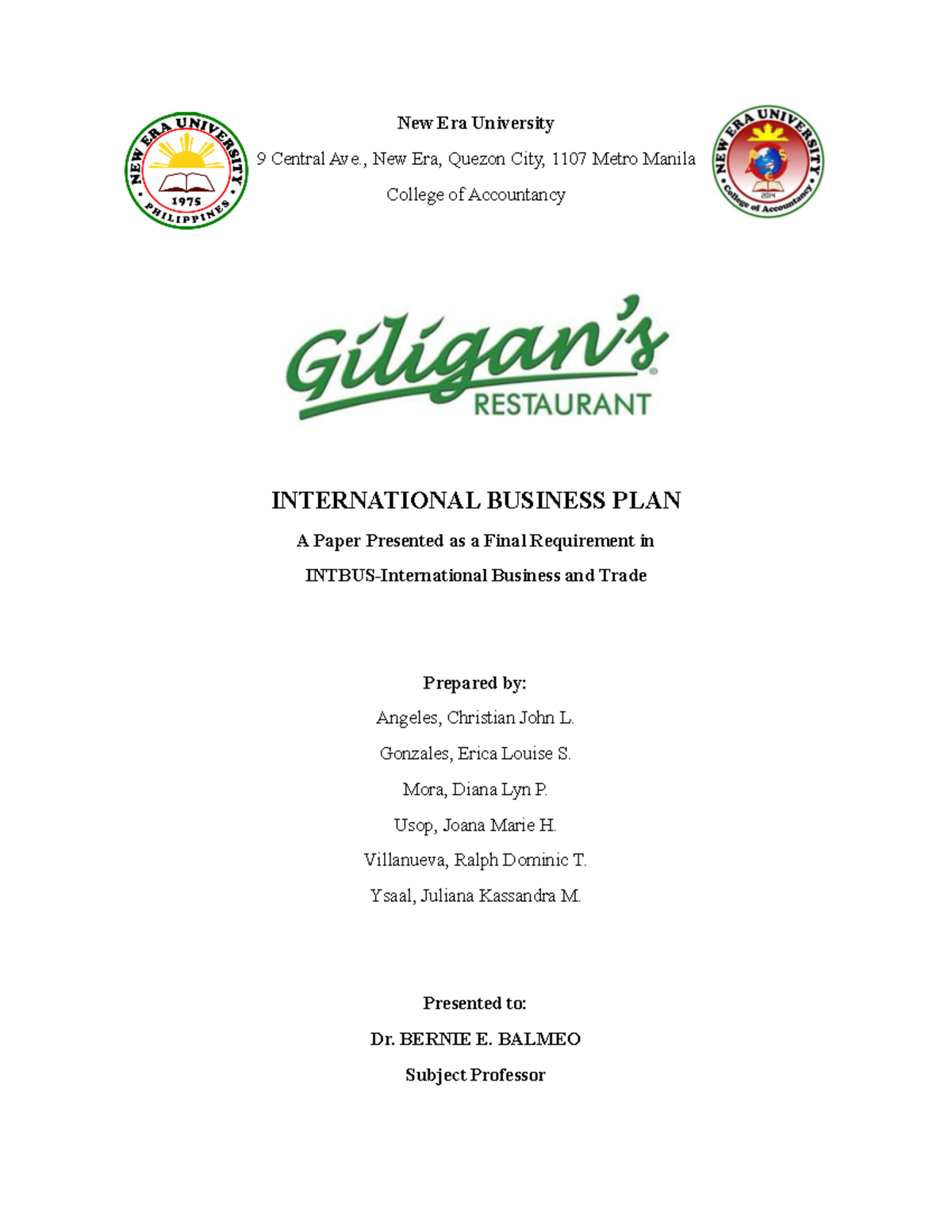3rd yr Giligans Restaurant Business Plan New Era University 9