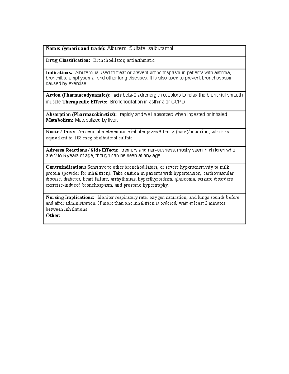 Med Card albuterol Name (generic and trade) Albuterol Sulfate