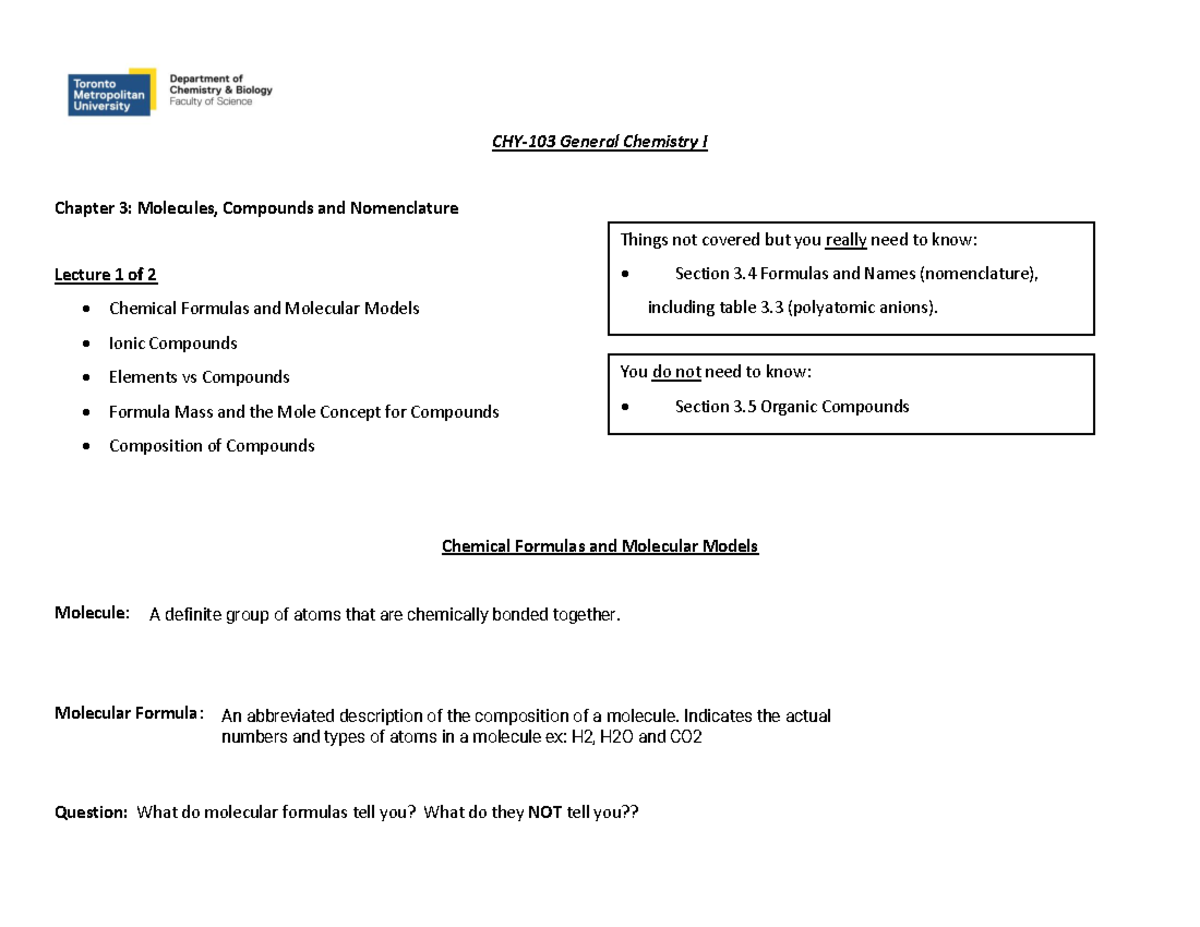 CH3-1 - N/A - CHY-103 General Chemistry I Chapter 3: Molecules ...