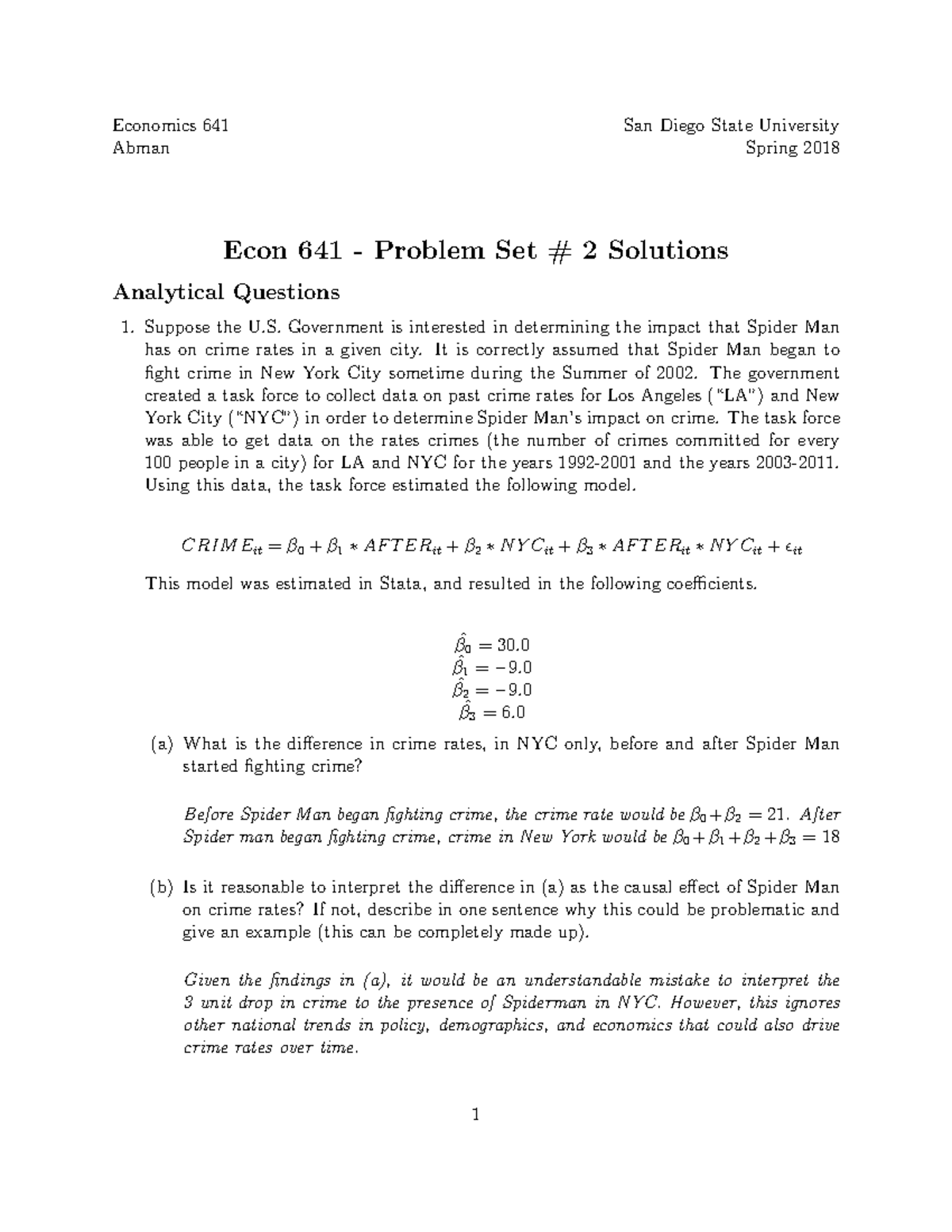 Econ 641 Problem Set Solution Economics 641 Abman San Diego State