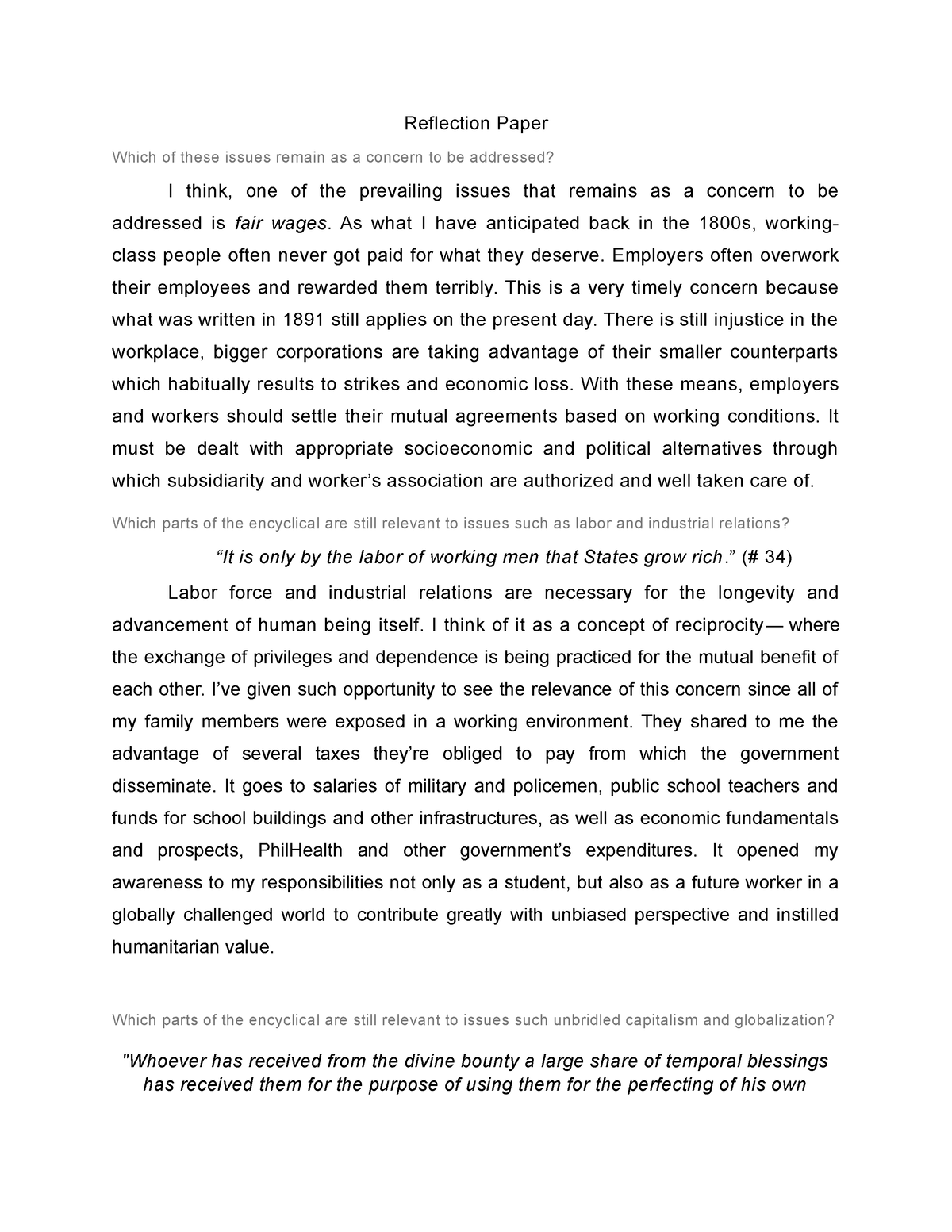 Rerum Novarum Zamora - Reflection Paper Which of these issues remain as ...