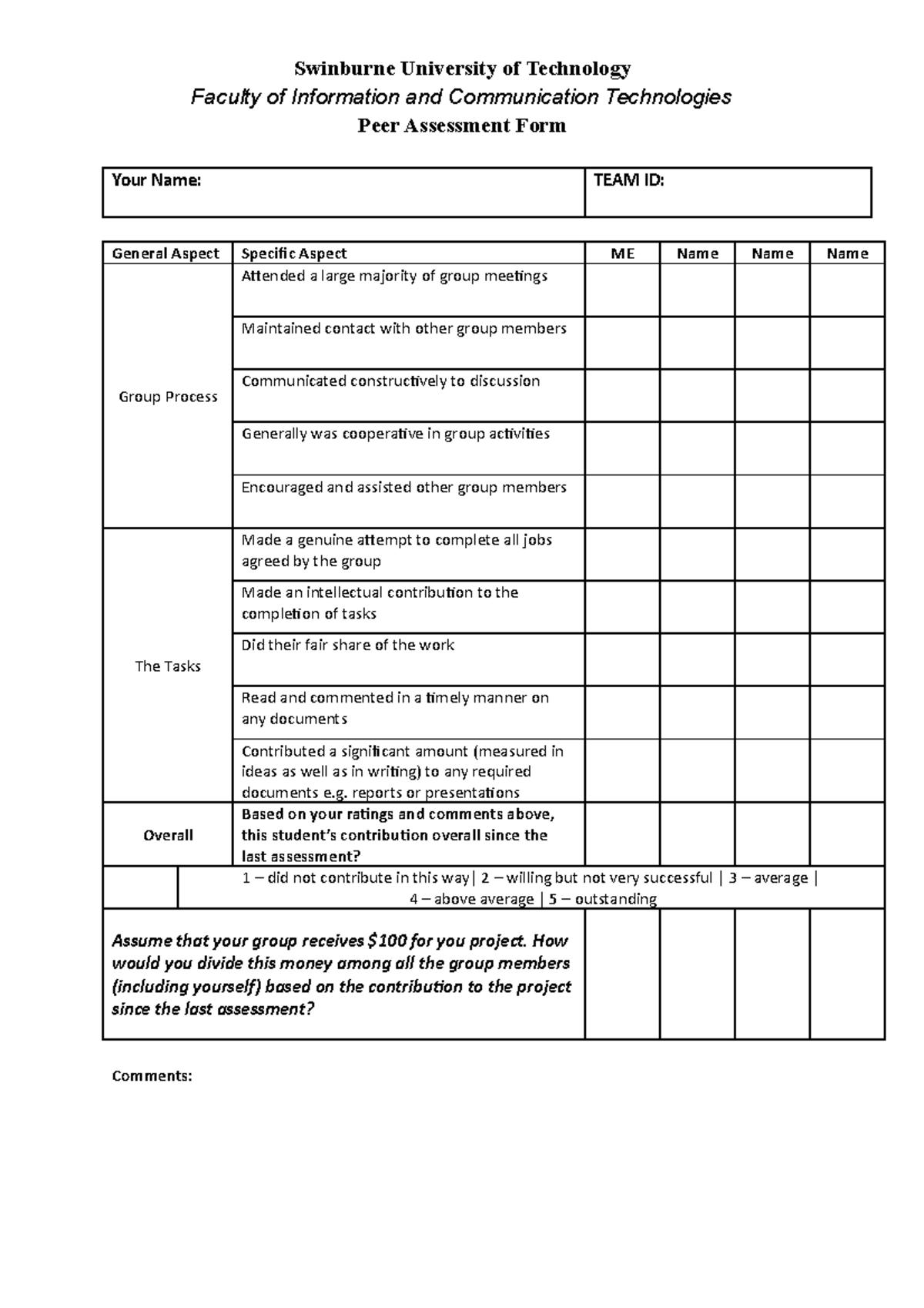 Peer assessment form - Feedback of your team members are going to ...