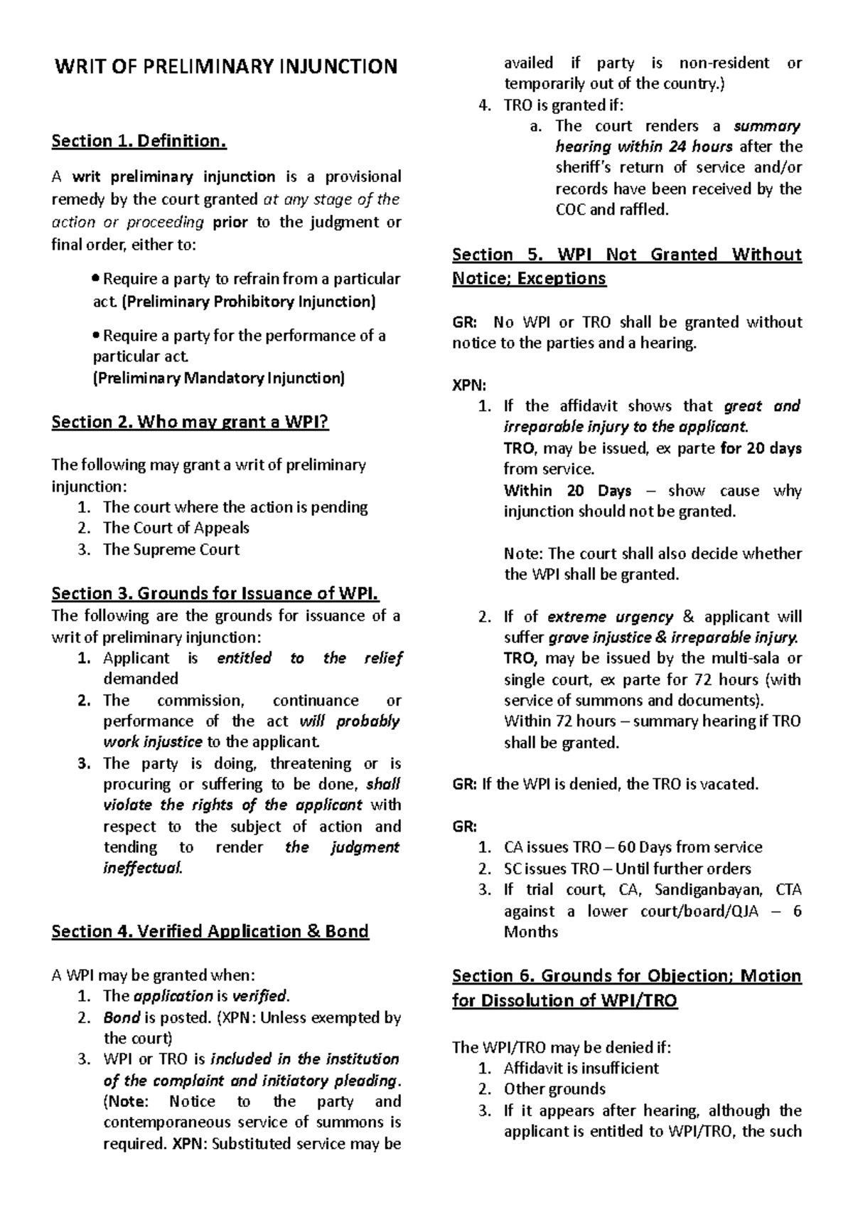 Notes on Civil Procedure WRIT OF PRELIMINARY INJUNCTION Section 1