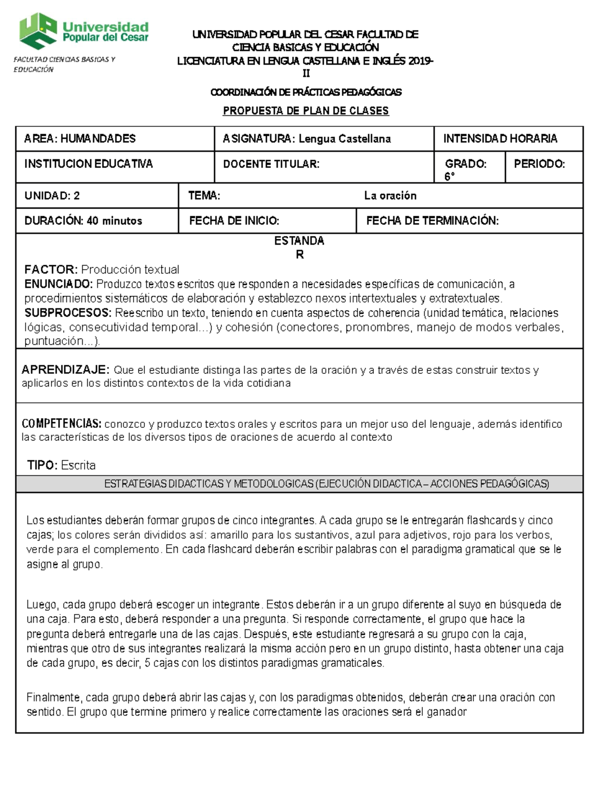 Plan De Clase La Oracion Ghisselle P UNIVERSIDAD POPULAR DEL CESAR 