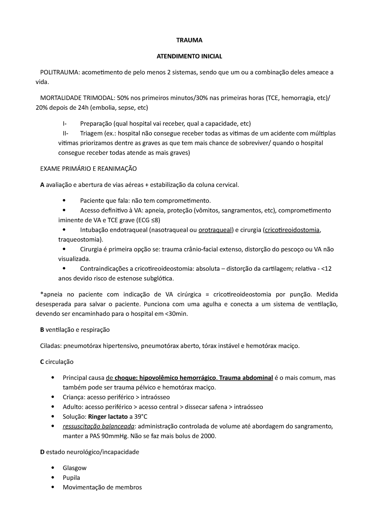 Trauma - Resumo Completo - TRAUMA ATENDIMENTO INICIAL POLITRAUMA ...