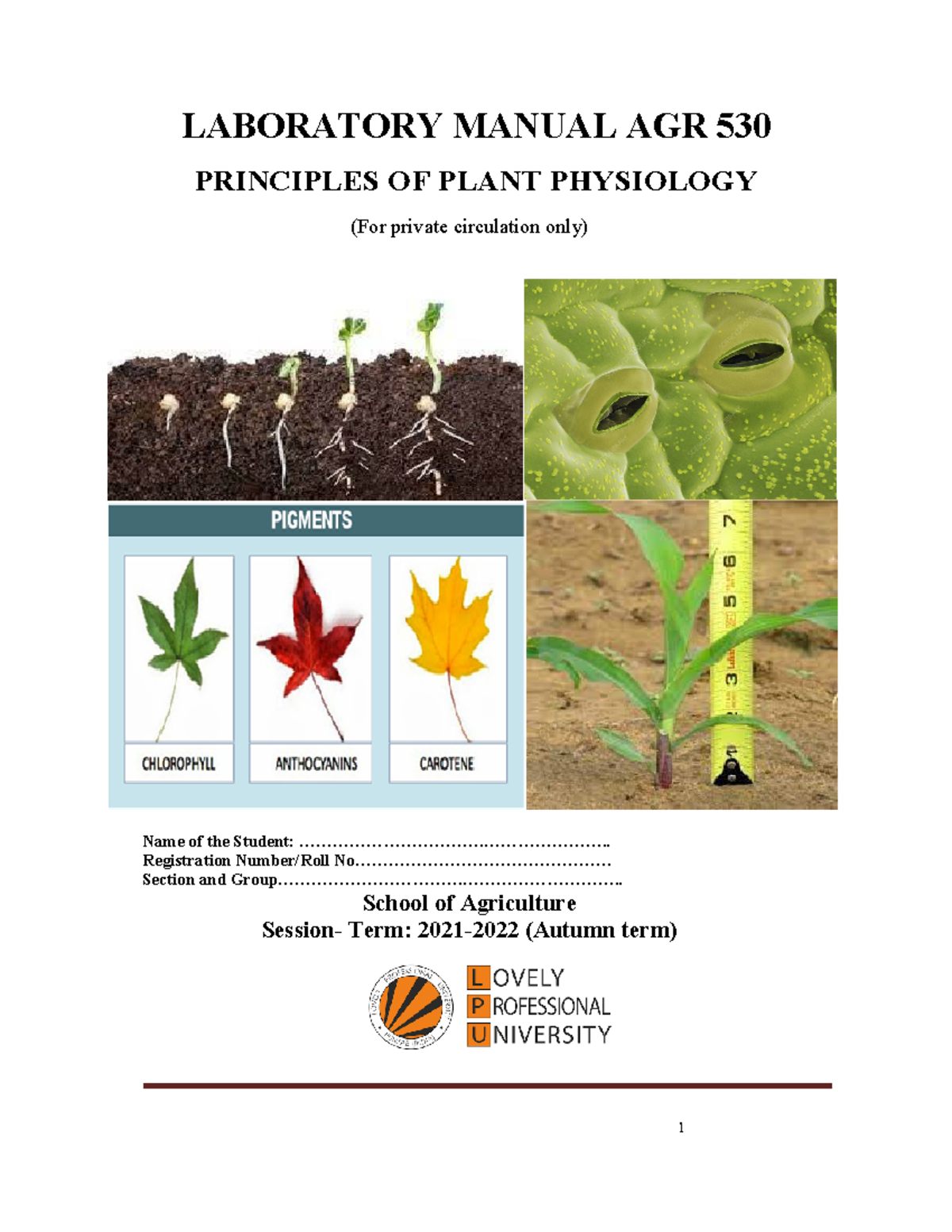 Lmagr 530 Lab Manual of principles of Plant Physiology LABORATOR