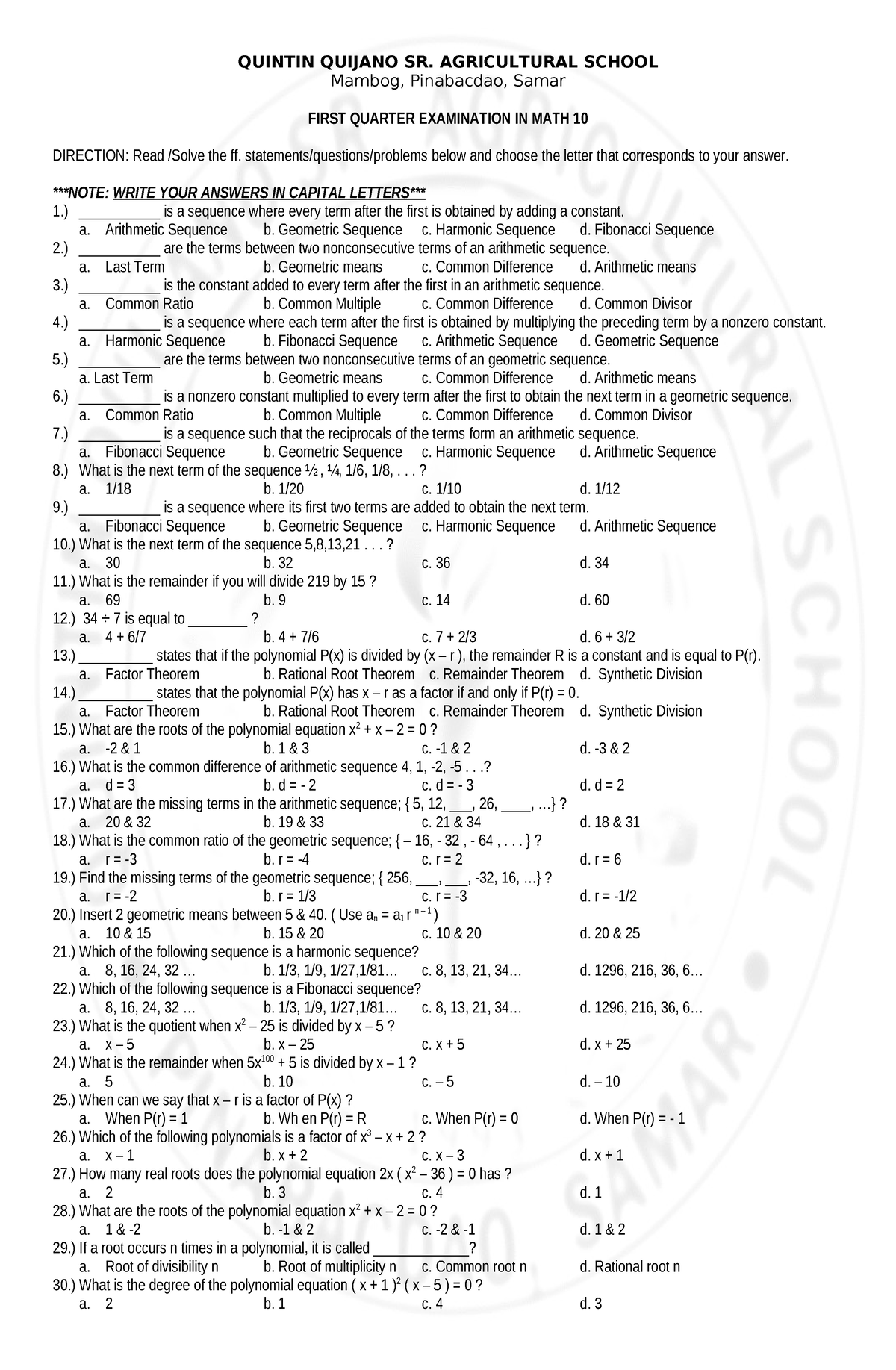 1st Quarter Exam In Math 10 - Quintin Quijano Sr. Agricultural School 