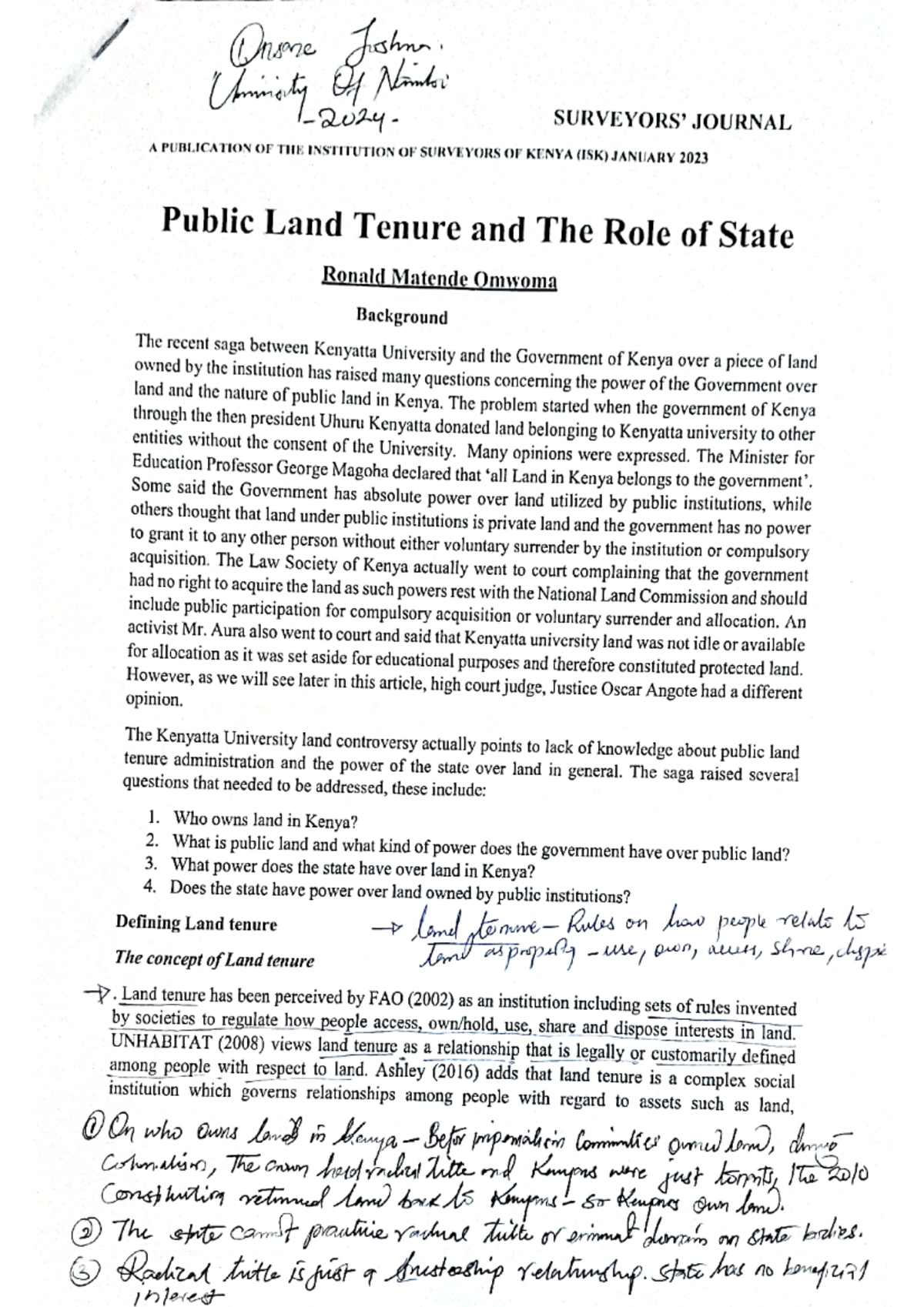 Public Land Tenure and Role of State - Onsone Joshna. of Ninto JOURNAL ...