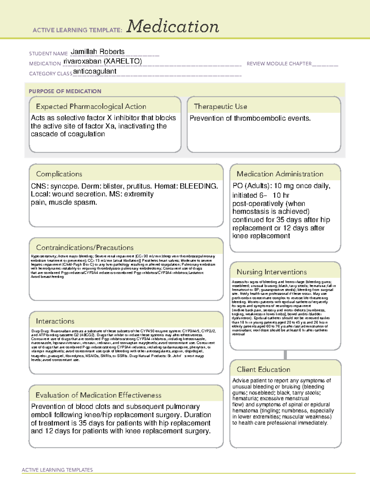 Rivaroxaban (xarelto) ACTIVE LEARNING TEMPLATES Medication STUDENT