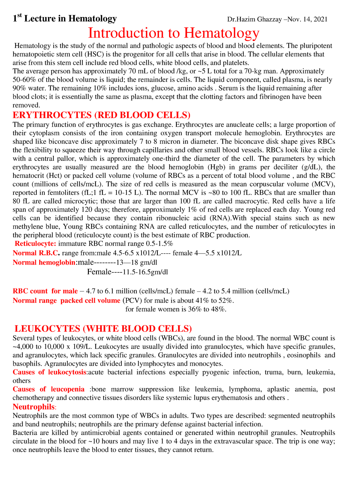 Introduction To Hematology - 1 St Lecture In Hematology Dr Ghazzay ...