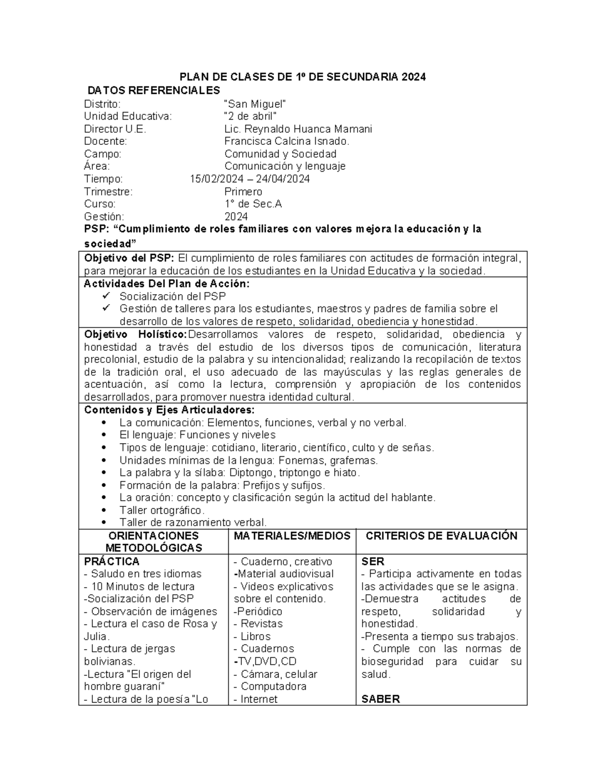 PLAN DE Clases DE 1º 2024 - PLAN DE CLASES DE 1º DE SECUNDARIA 2024 ...