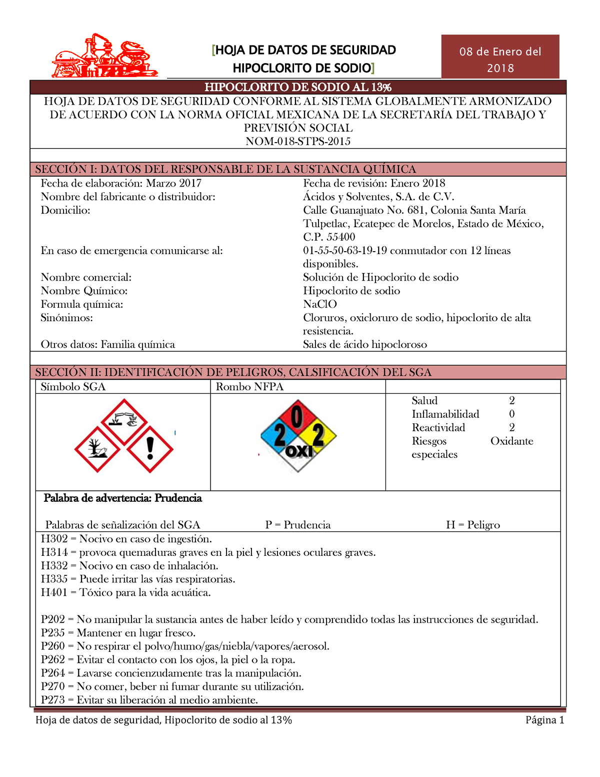 Msds Hipoclorito De Sodio Al 13 Hipoclorito De Sodio 08 De Enero Del 2018 Hipoclorito De