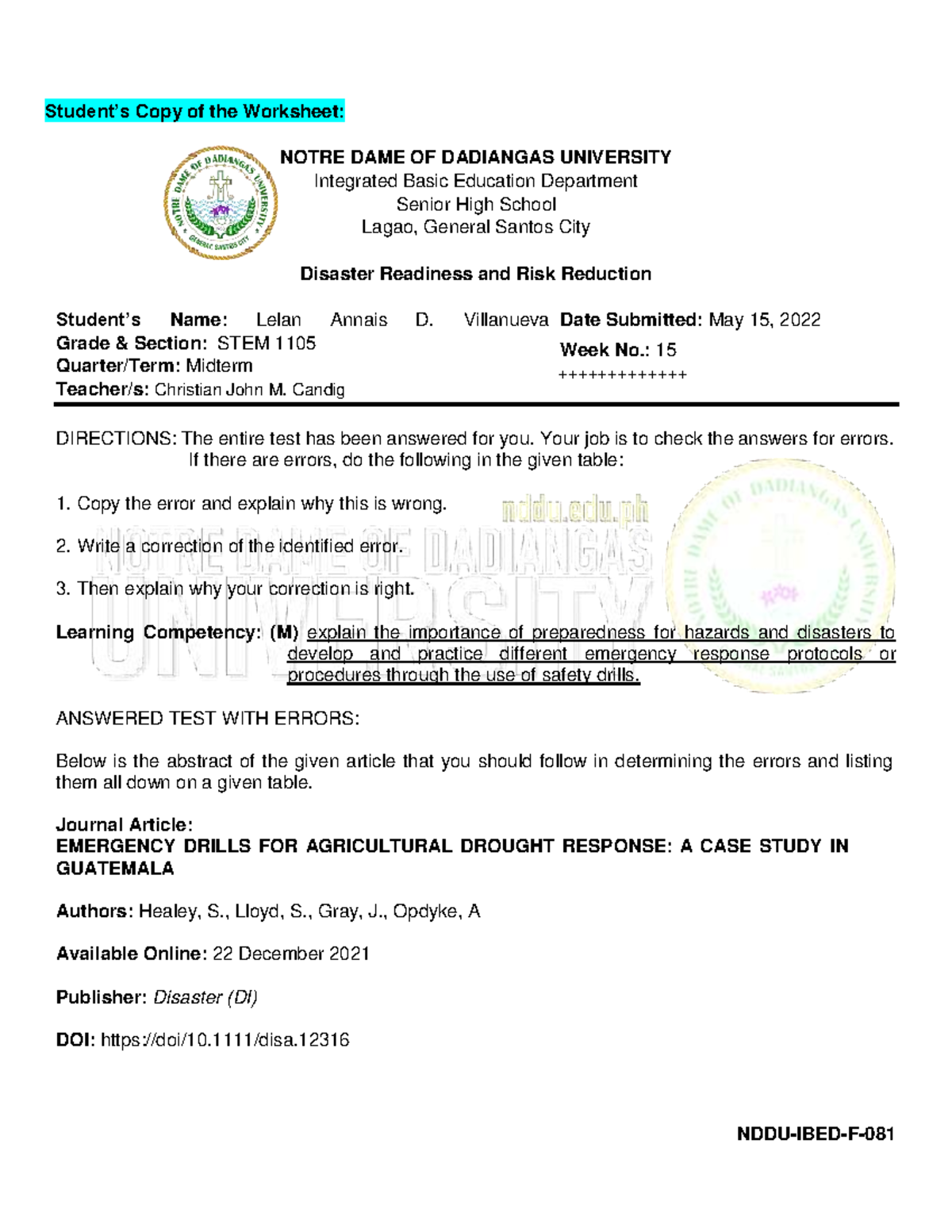 Meaning Making - n/a - Student’s Copy of the Worksheet: NOTRE DAME OF ...