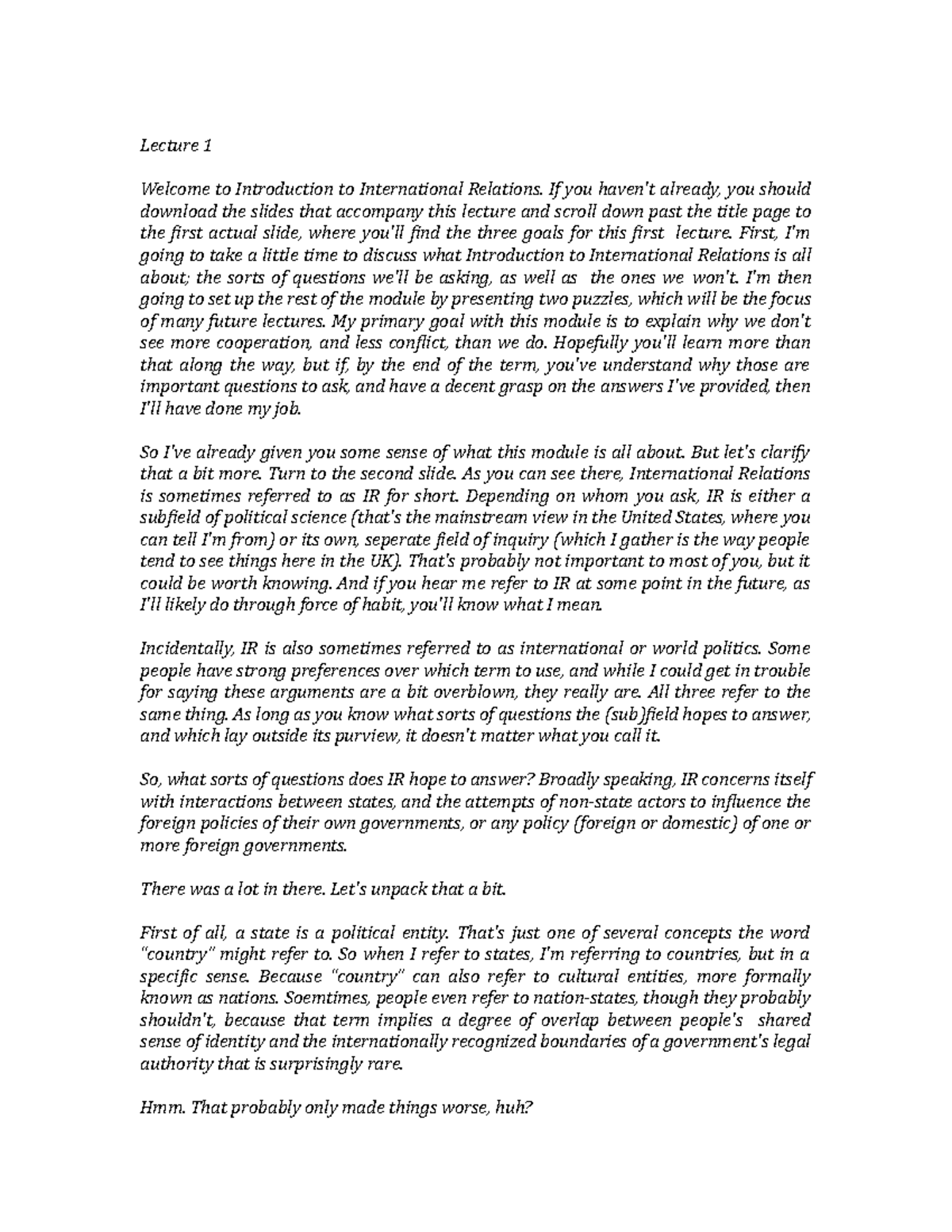 lecture 01 script - Lecture 1 Welcome to Introduction to International ...