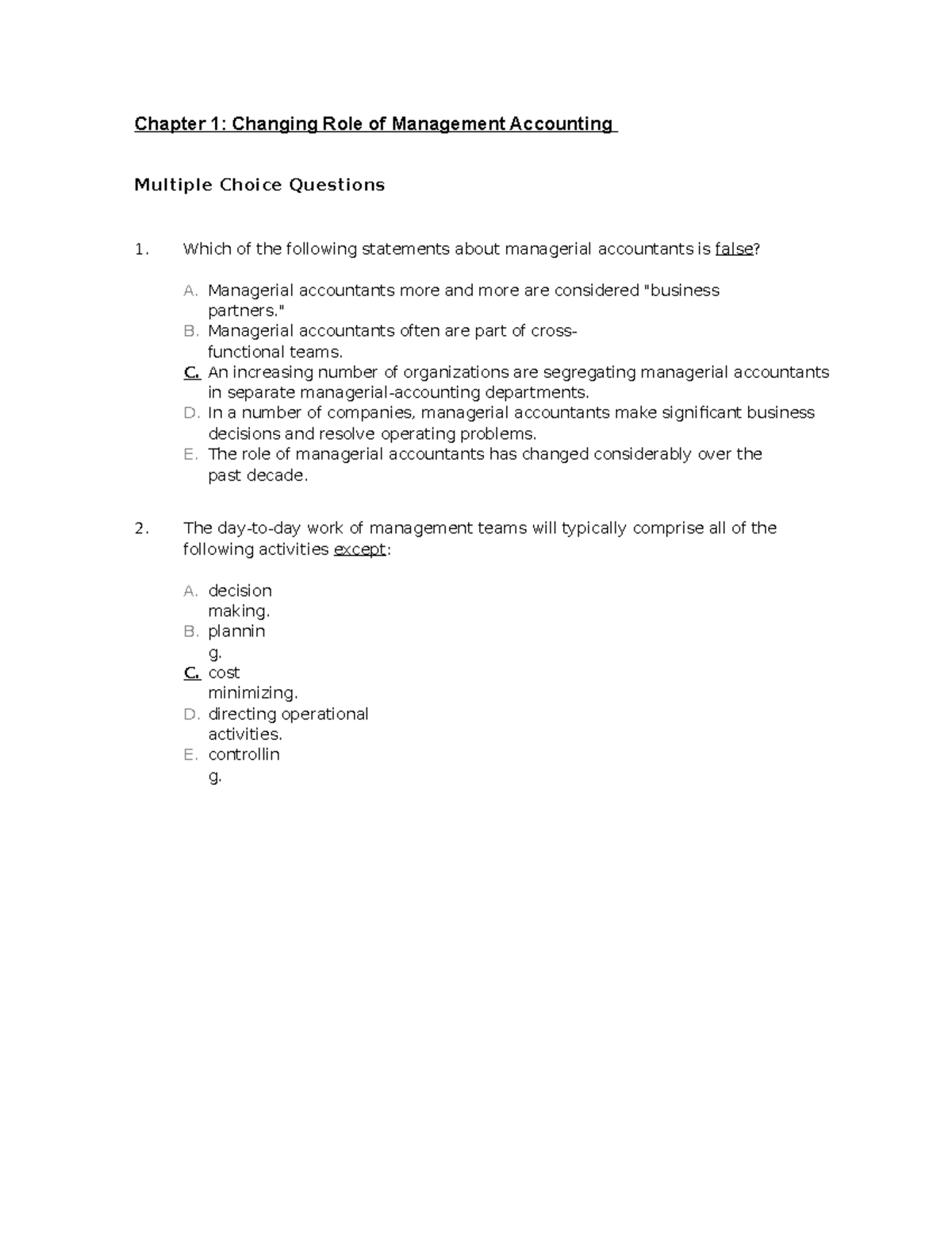 MCQ (chap 1 - 44 MCQ) - Chapter 1: Changing Role Of Management ...