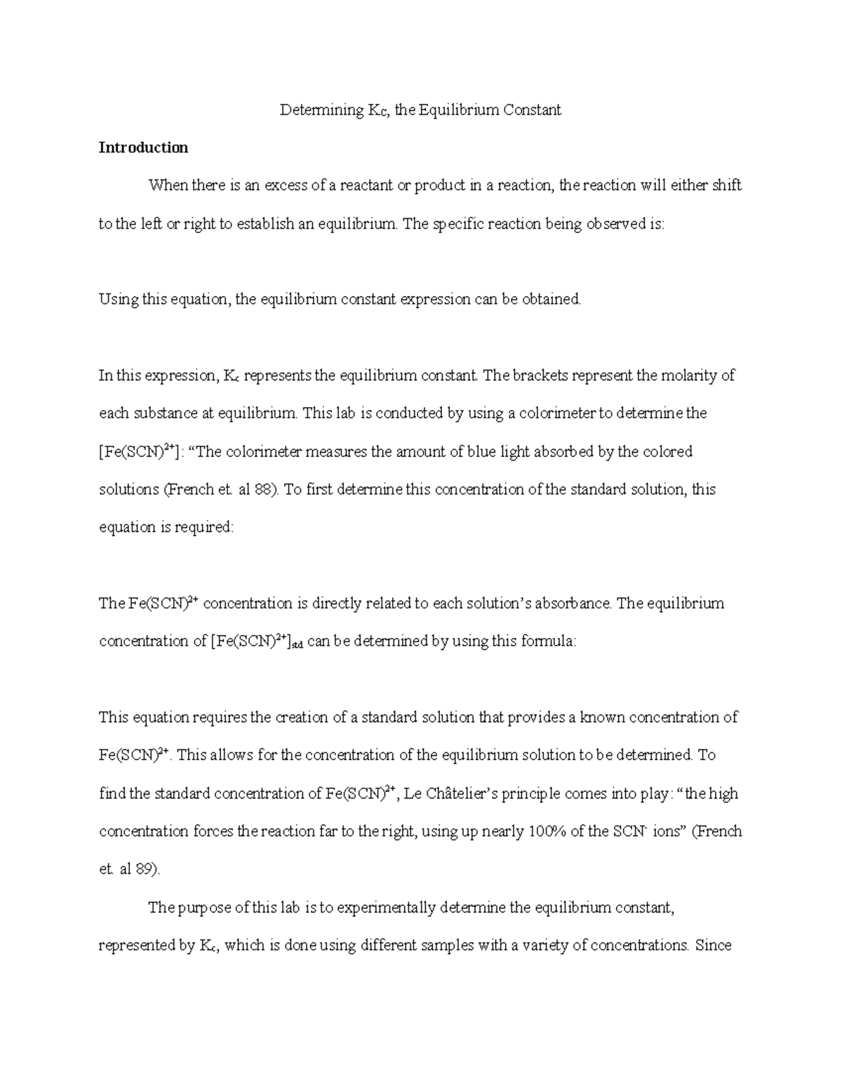 Lab 15 CHE 113 - Lab for reference for CHE 113 - Determining KC, the ...
