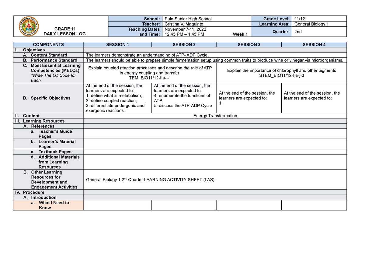 Q2W1-DLL-General Biology 1 - GRADE 11 DAILY LESSON LOG School: Pulo ...