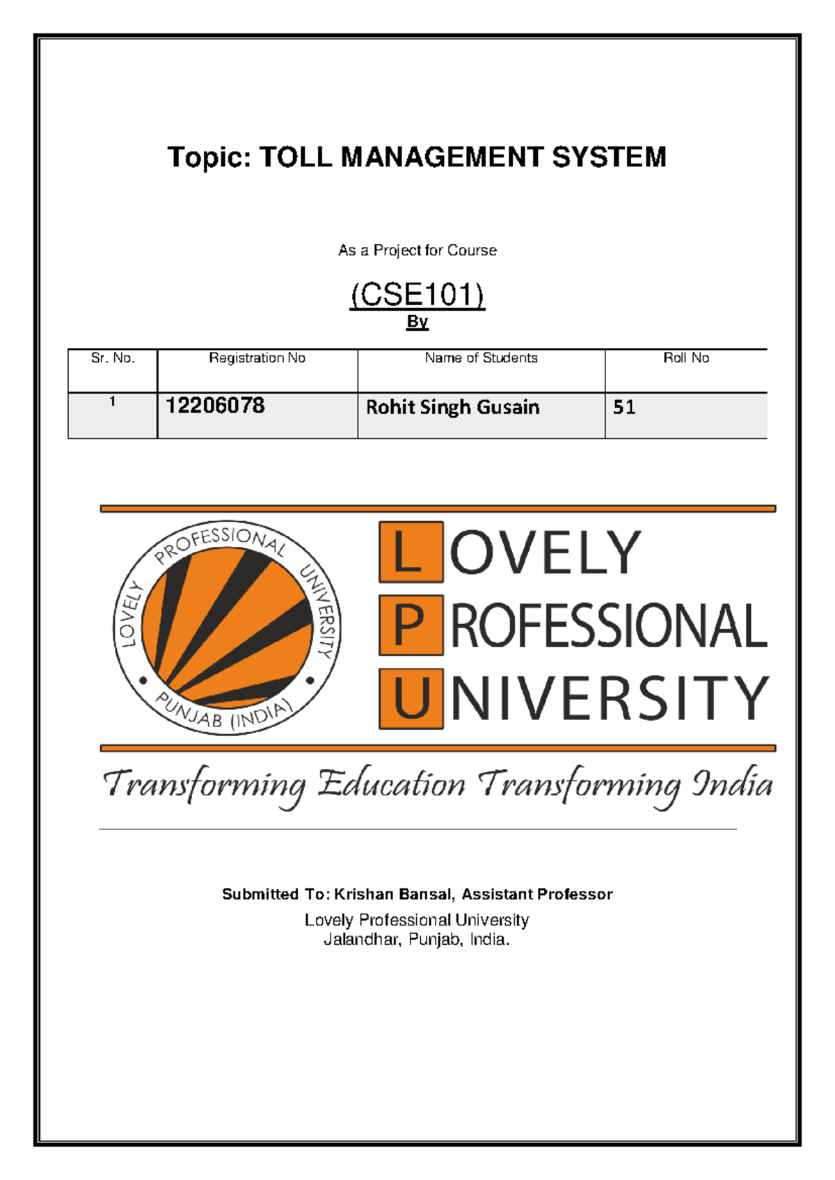 CSE101 front page - hyggf - c language - Topic: TOLL MANAGEMENT SYSTEM ...