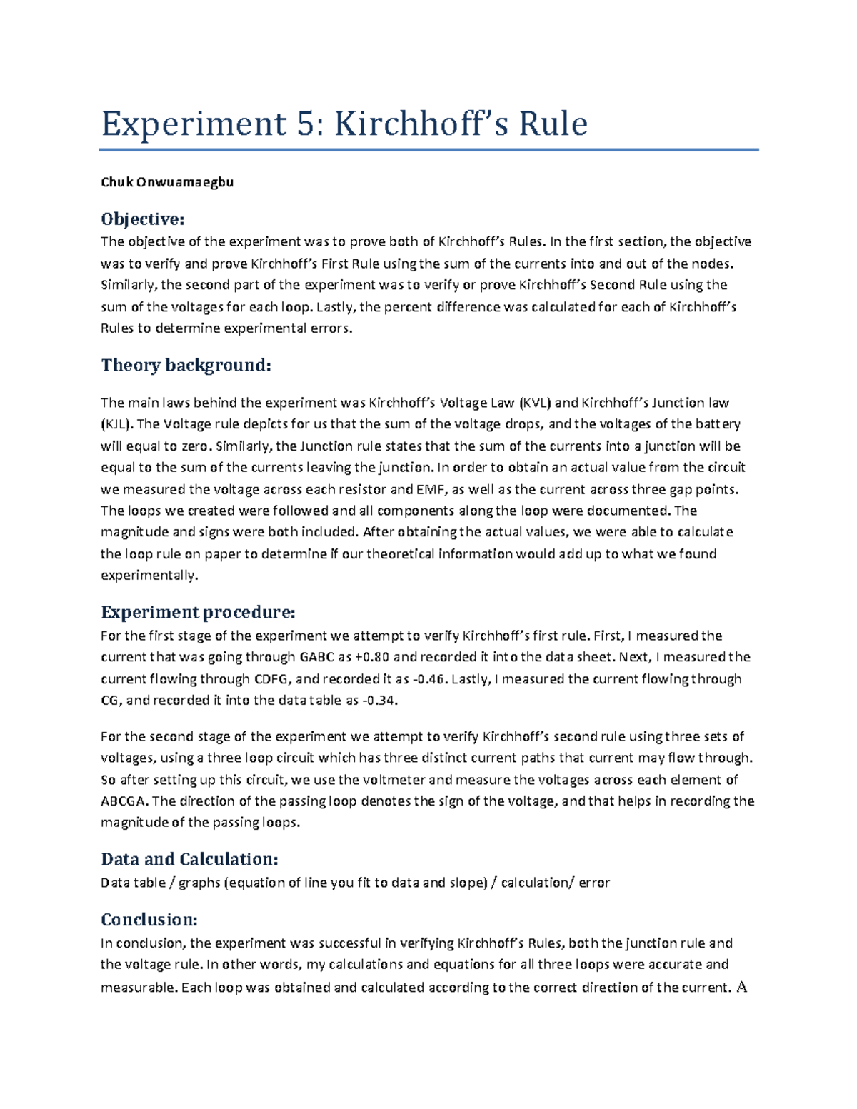Lab Report 5 PHY 156 Lab 5 Experiment 5 Kirchhoff’s Rule Chuk