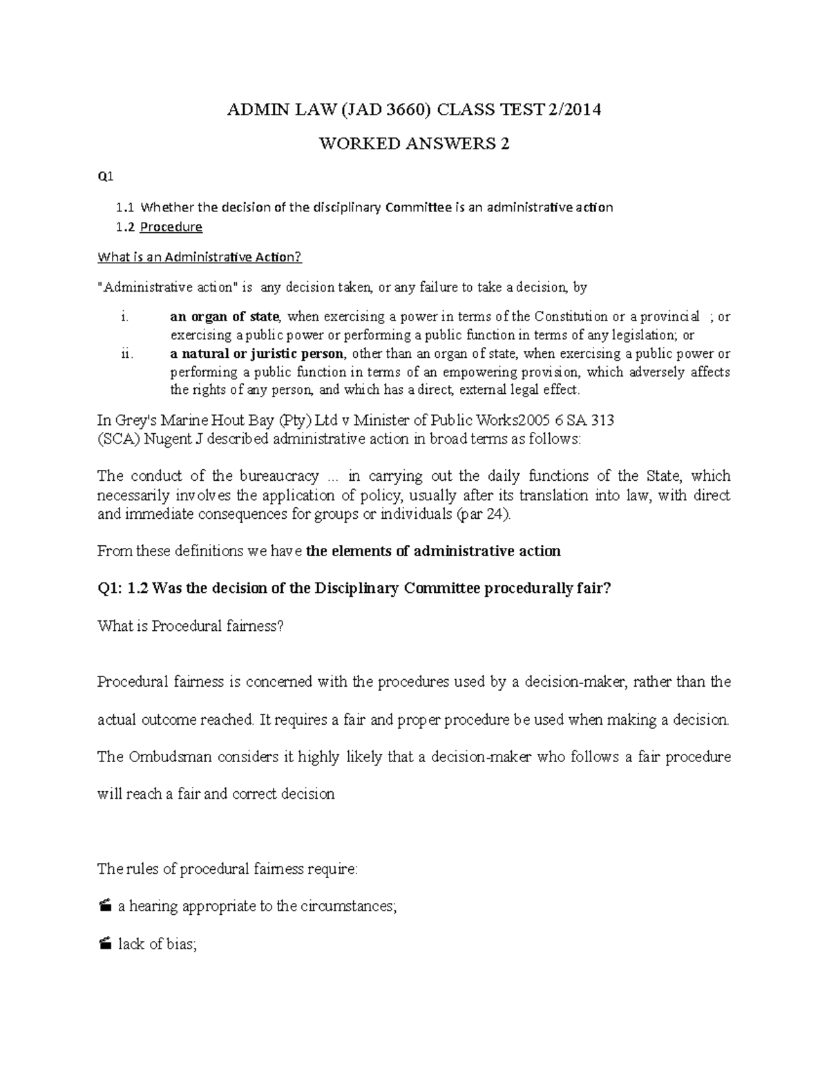 Worked Answer 2 - ADMIN LAW (JAD 3660) CLASS TEST 2/ WORKED ANSWERS 2 Q ...