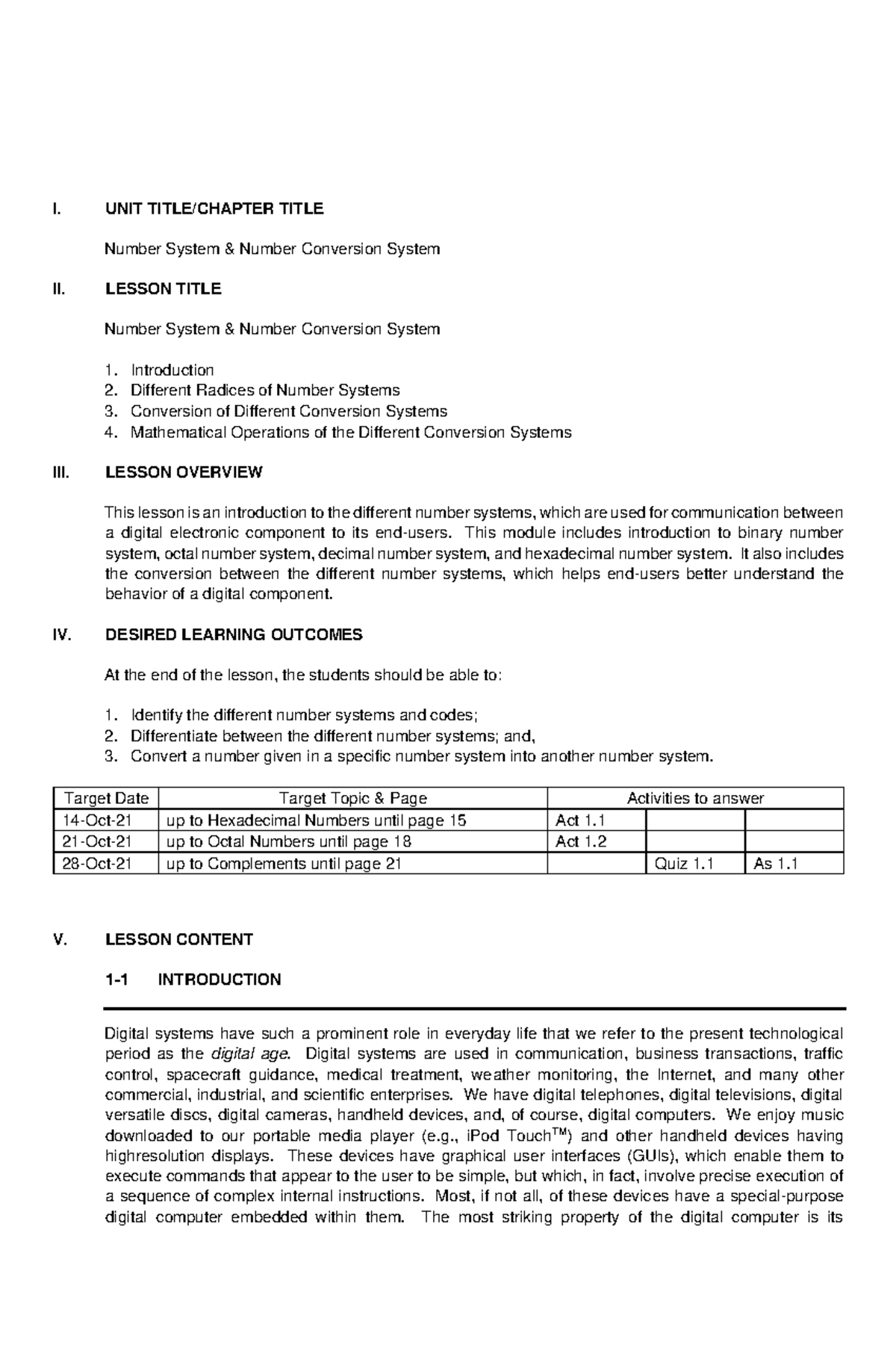 Logic Circuits and Switching Theory Lesson 1 I. UNIT TITLE/CHAPTER