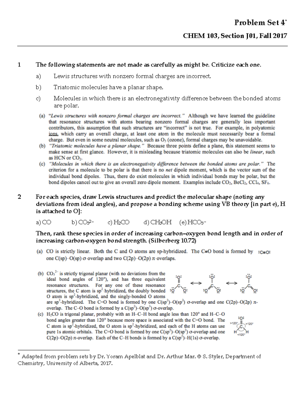 CHEM 103—Problem Set 4 solutions - Problem Set 4 * CHEM 103, Section ...