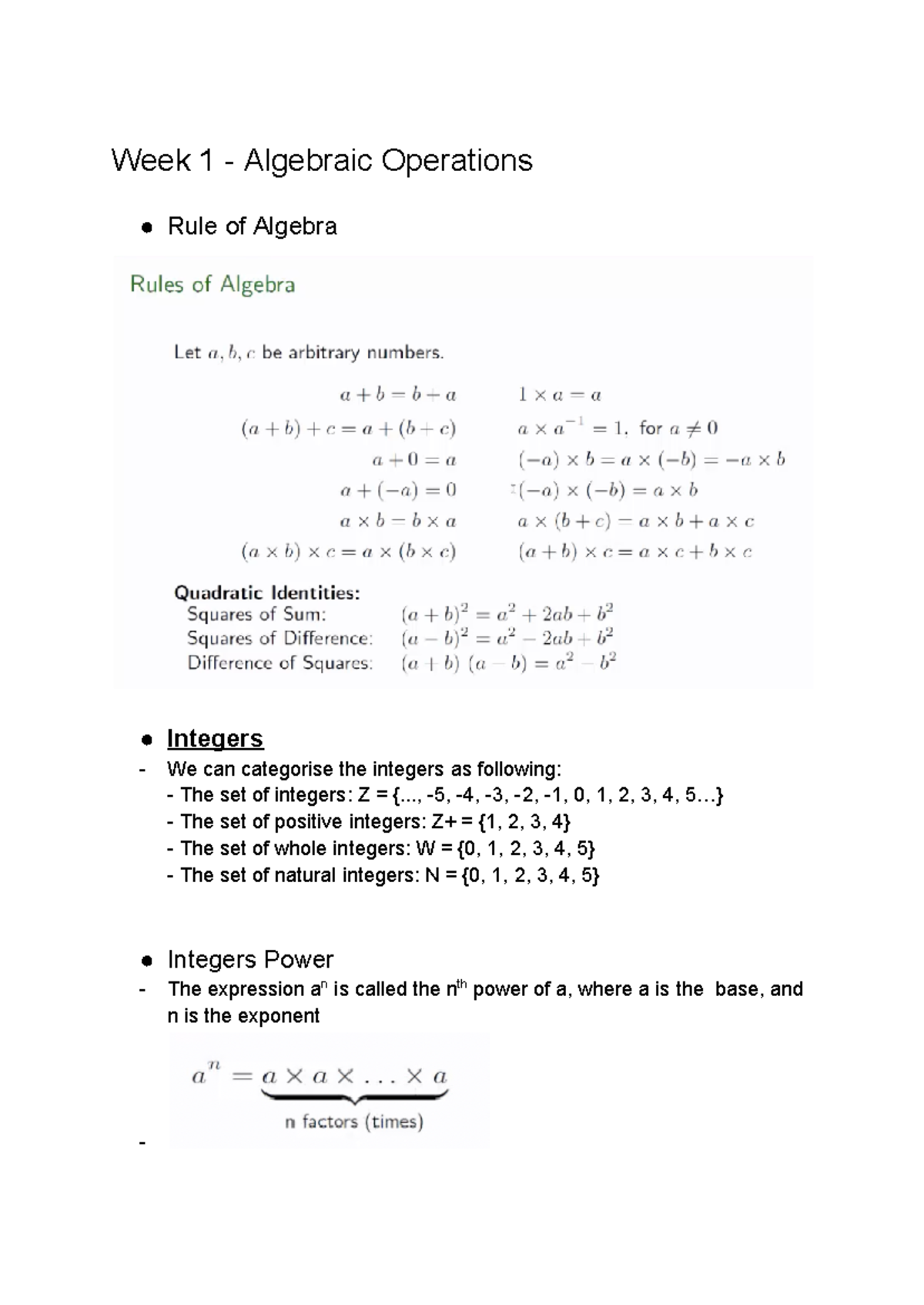 QUAN 111 - Maths - Week 1 - Algebraic Operations Rule of Algebra ...