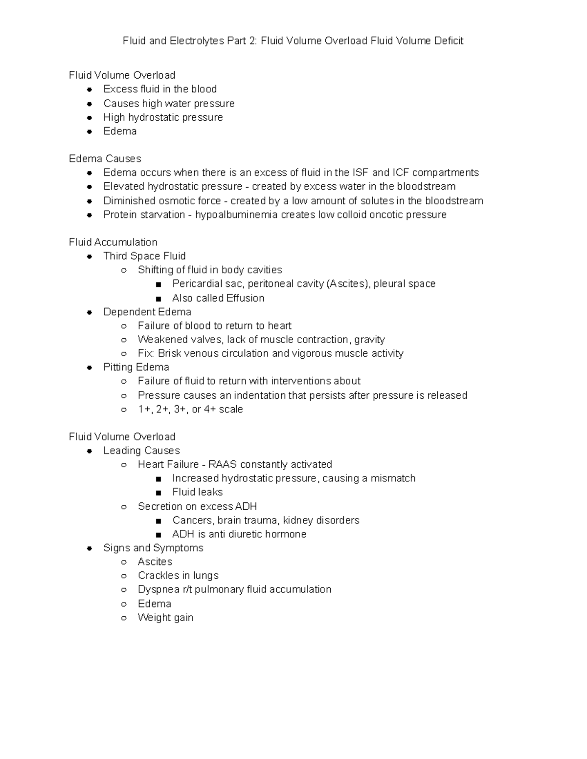 Fluid and Electrolytes Part 2 Fluid Volume Overload Fluid Volume ...