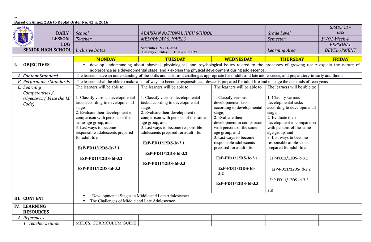 DLL Perdev- WEEK 4 - Daily Lesson Log Sample - Based On Annex 2B To ...