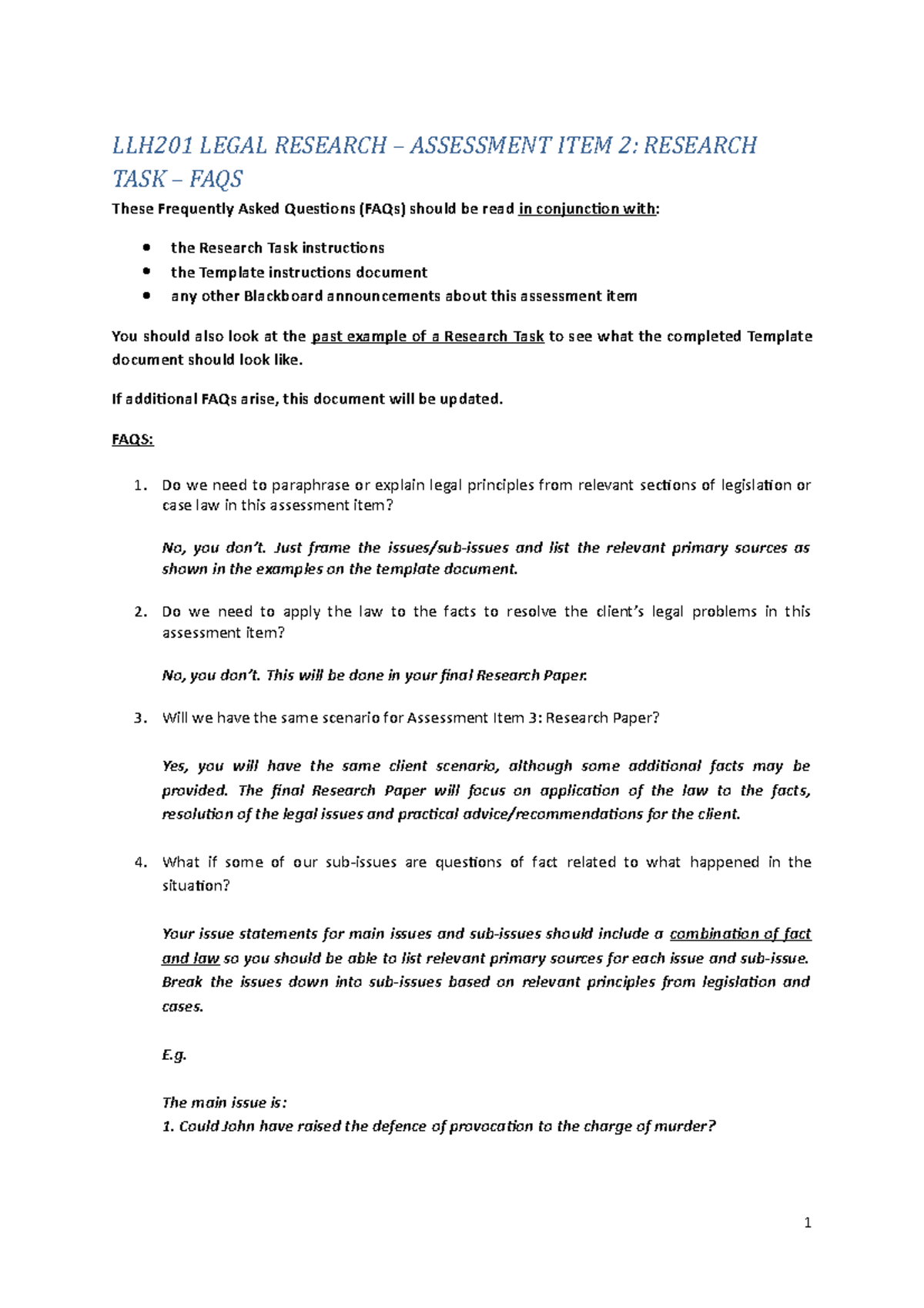 LLH201 Research Task - FAQs - LLH201 LEGAL RESEARCH – ASSESSMENT ITEM 2 ...