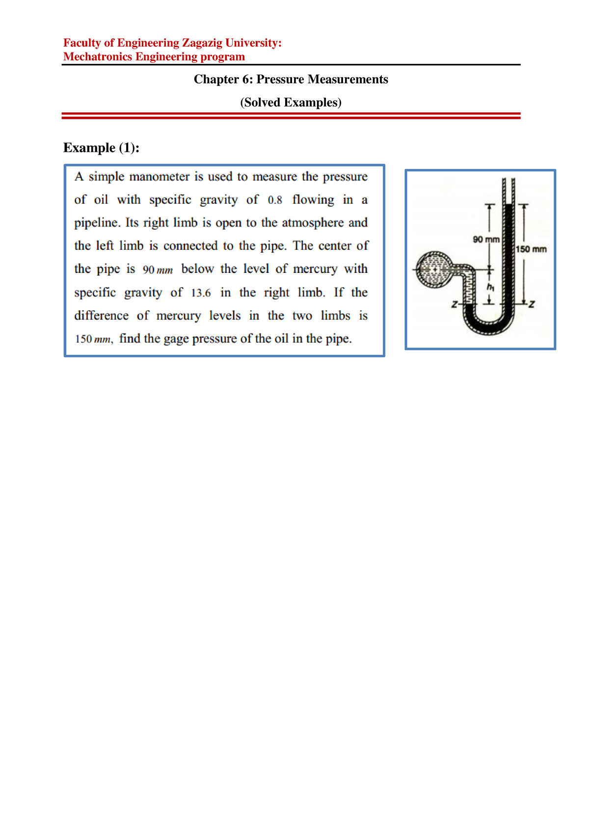 Solved Examples On Pressure Measurements - Faculty Of Engineering ...