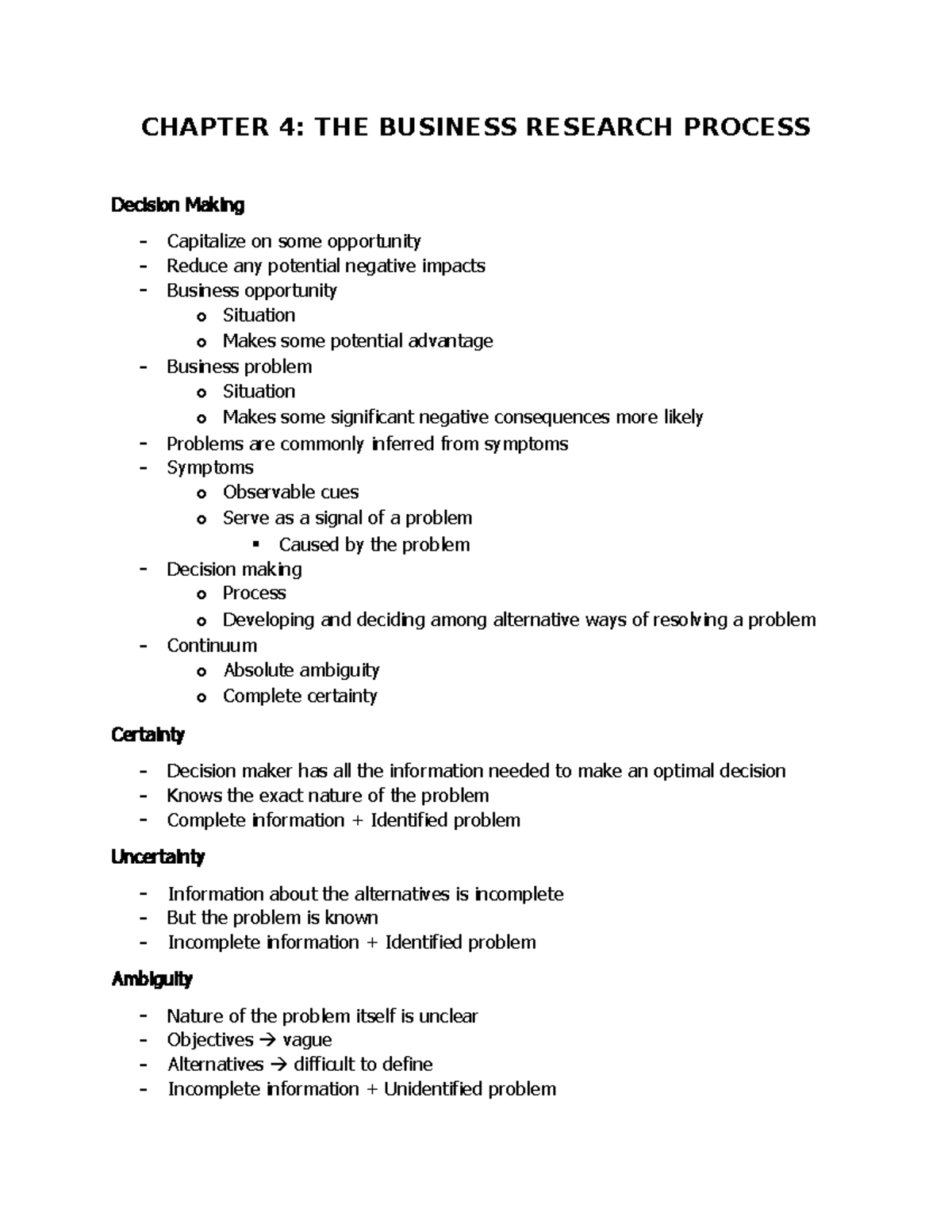 Chapter 4 - CHAPTER 4: THE BUSINESS RESEARCH PROCESS Decision Making ...